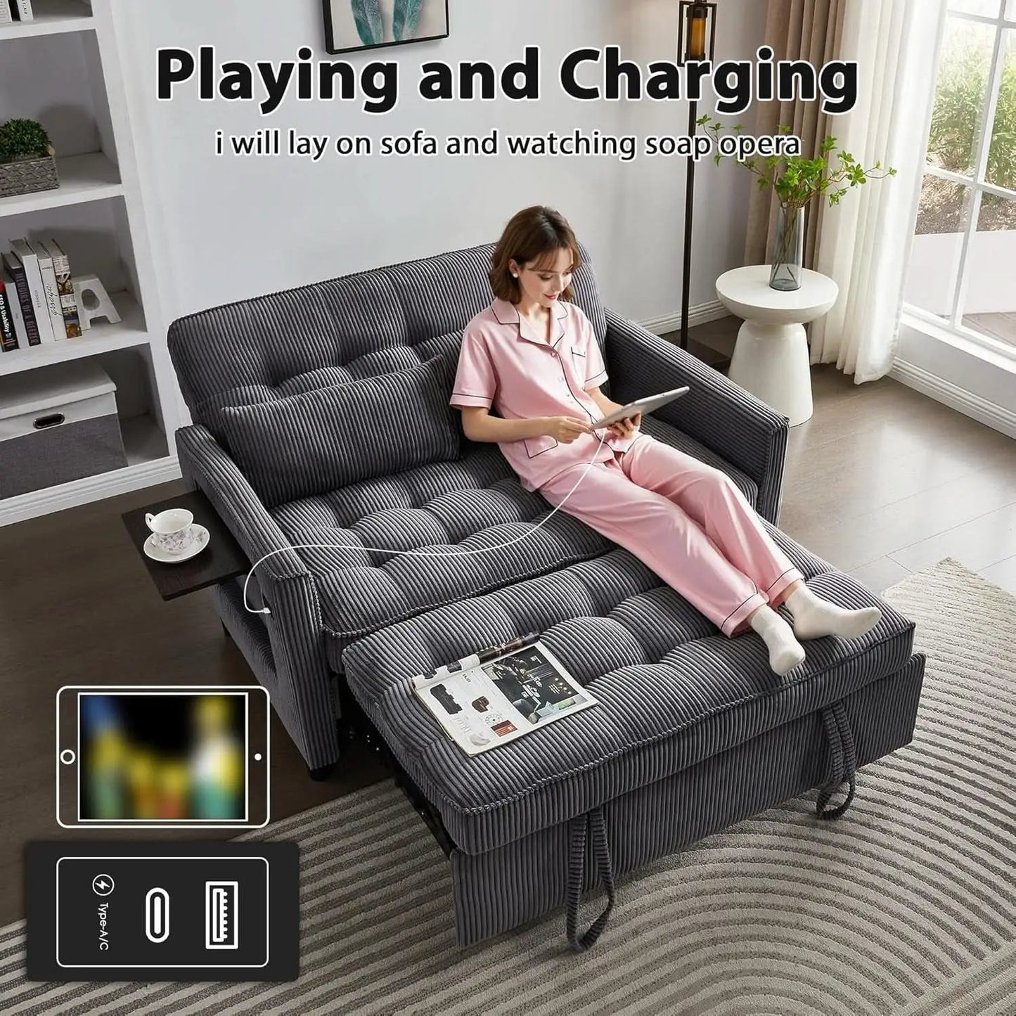 55Inch Convertible Sleeper Sofa With USBPort Corduroy from PriceLows™