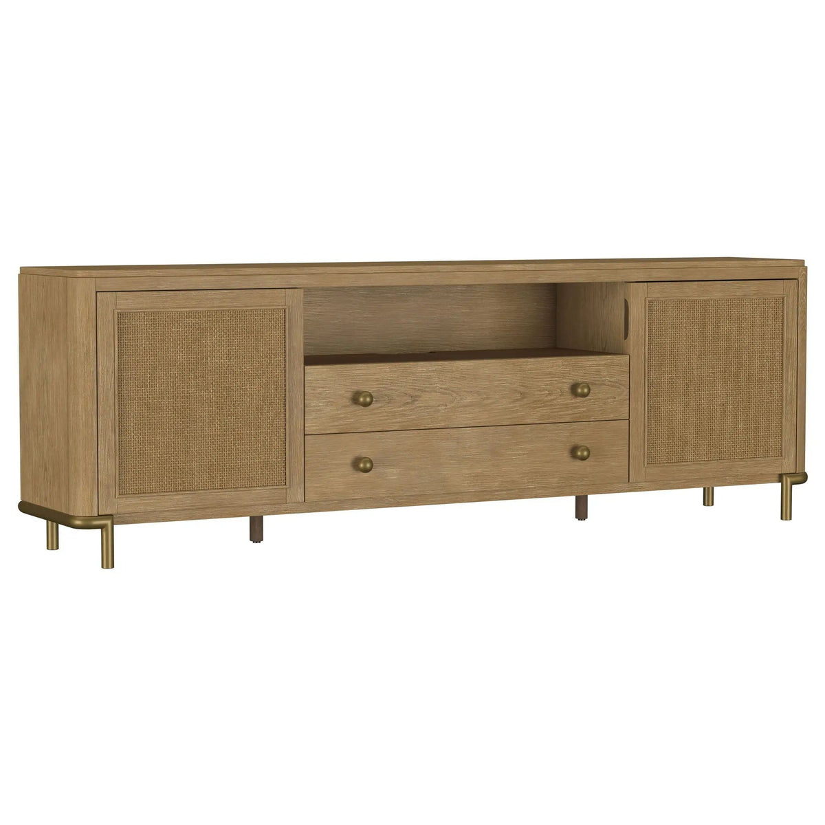 Arini Rattan Cane 2-door TV Stand Media Console Sand Wash | 79.5 x 16 x 26 in | Rattan & Metal | Living Room