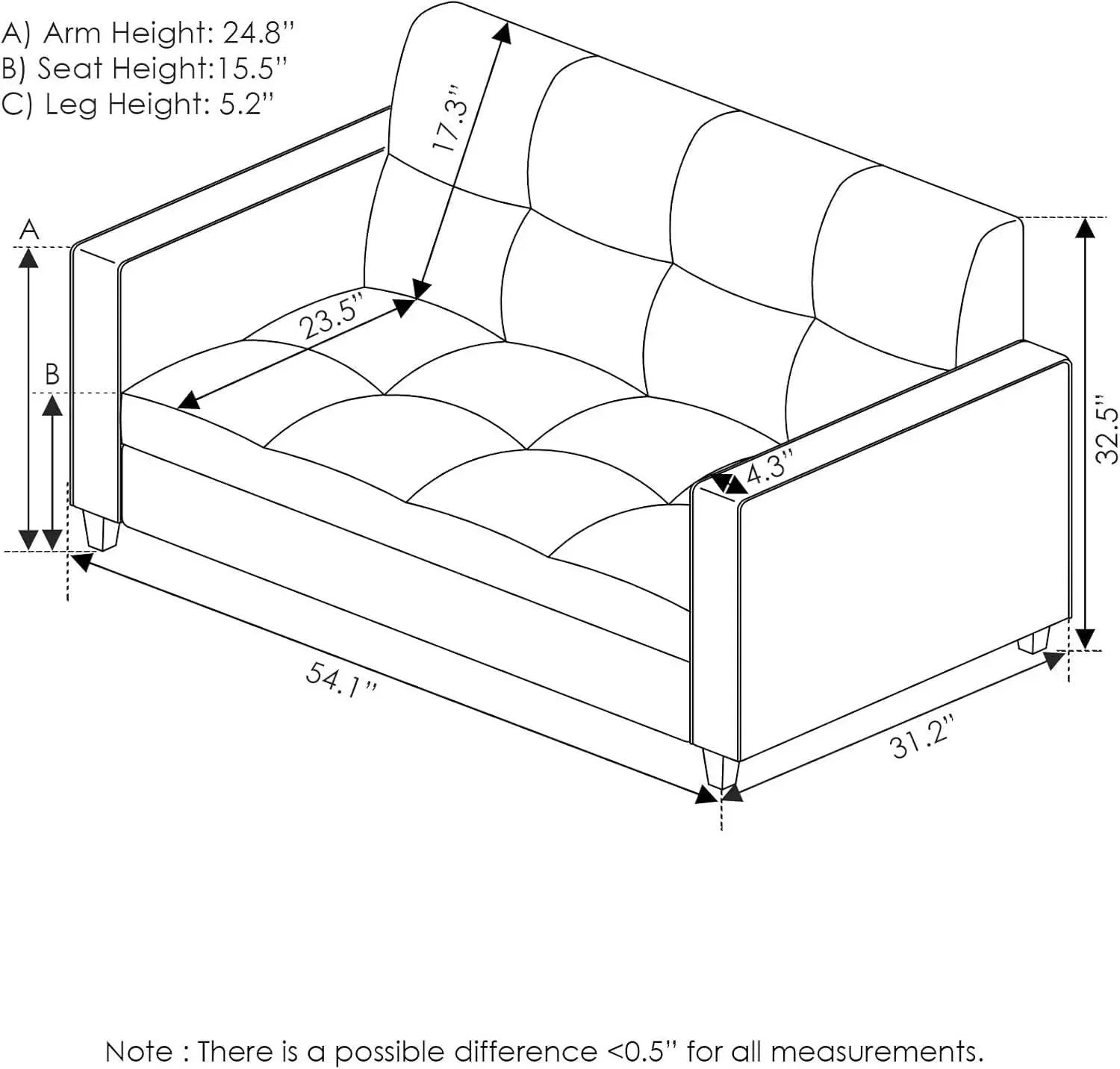 Two Seater Tufted Black Faux Leather Loveseat for Living Room from PriceLows™