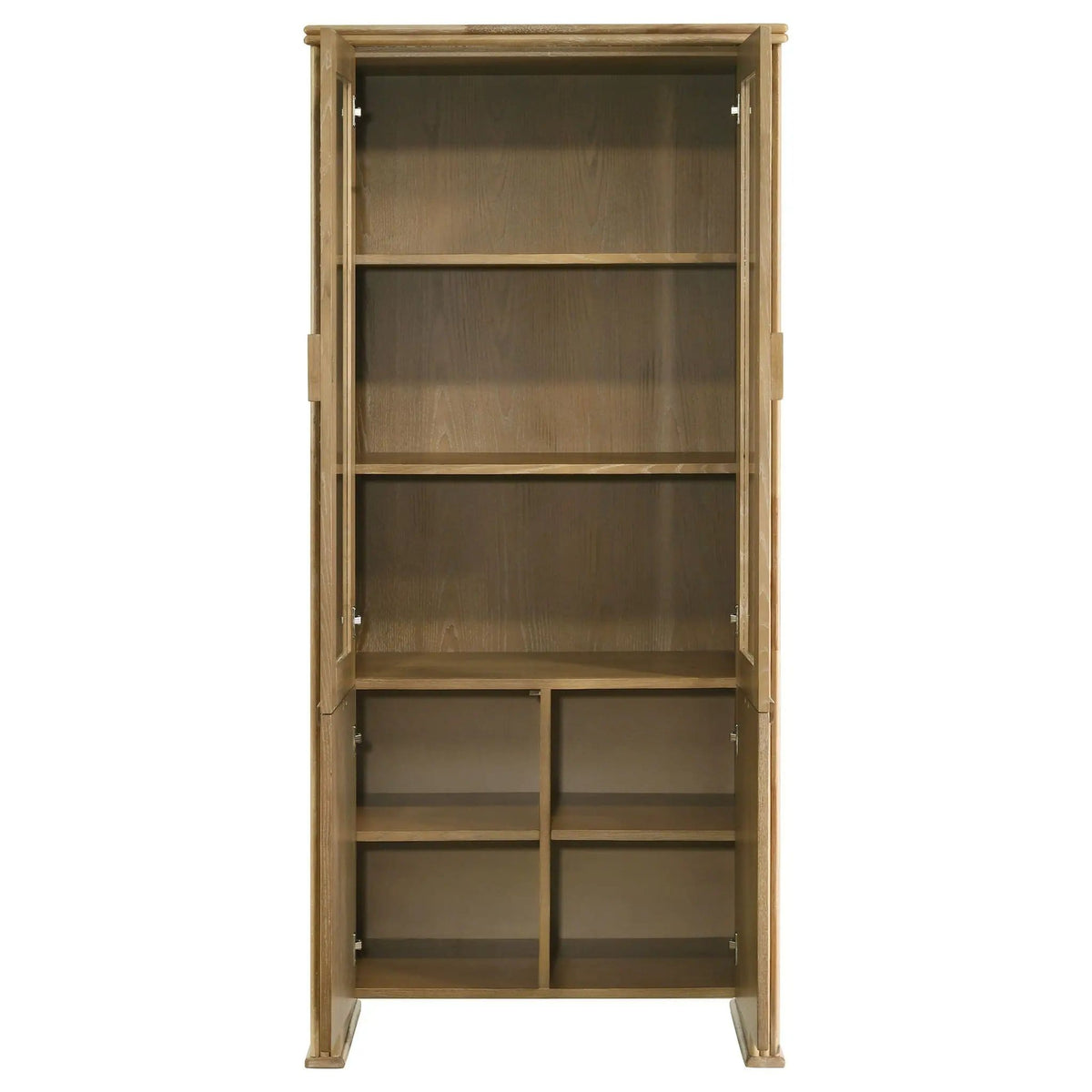Adina 77-inch Tall Display Cabinet Distressed Light | 35 x 17.75 x 76.5 in | Rubberwood & Engineered Wood | Brown