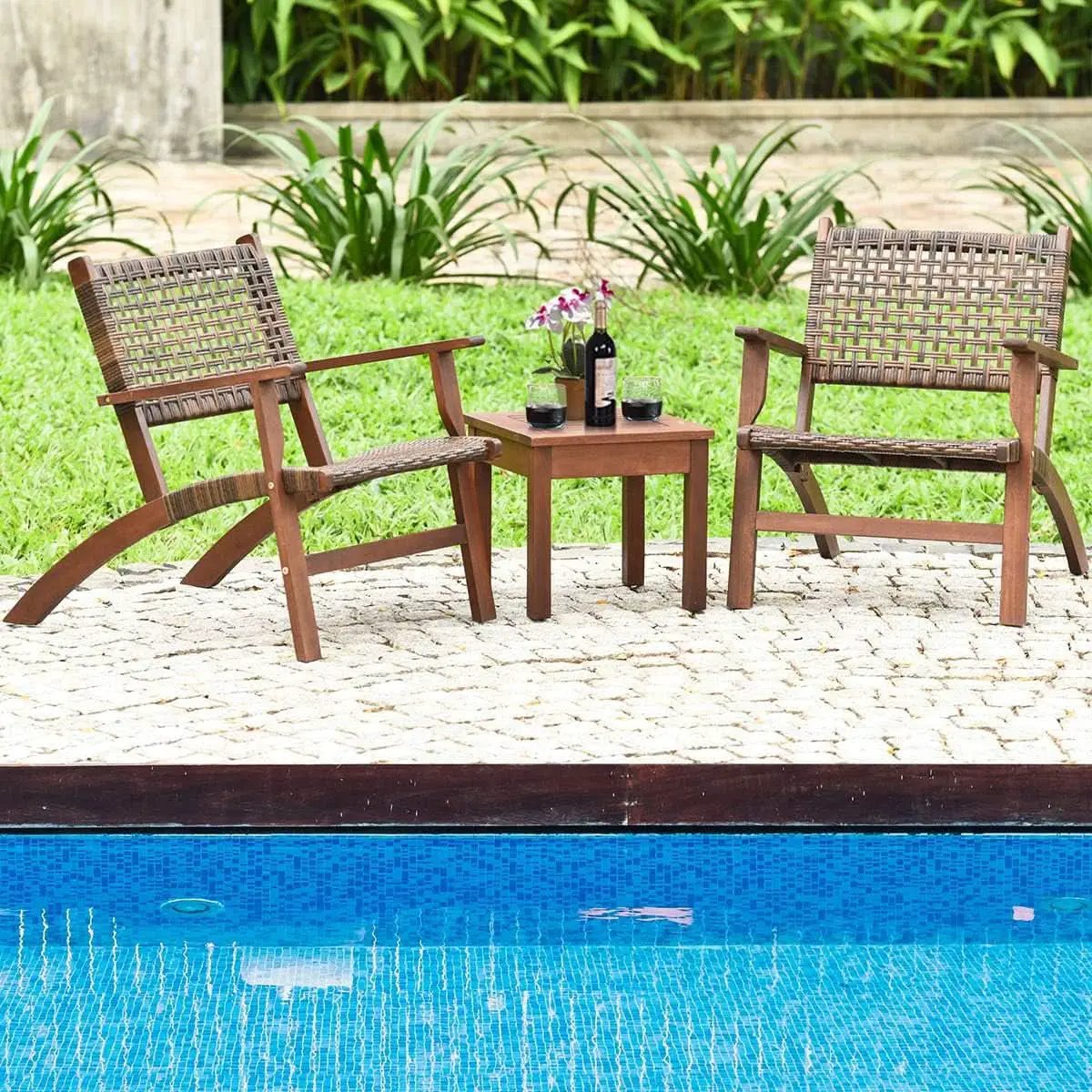 3 Piece Patio Conversation Set With Solid Eucalyptus Wood Frame And Brown Rattan Wicker from PriceLows™