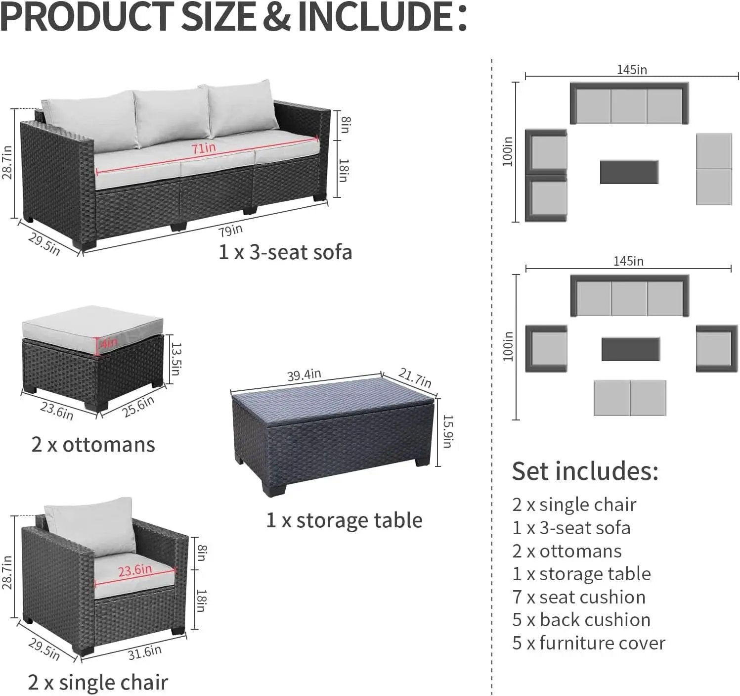 Six Piece Outdoor Wicker Furniture Set With Grey Cushions from PriceLows™