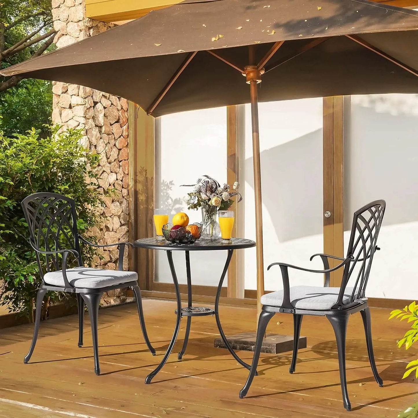 Outdoor Cast Aluminum Bistro Set 3 Piece With Umbrella Hole Gray Cushions from PriceLows™