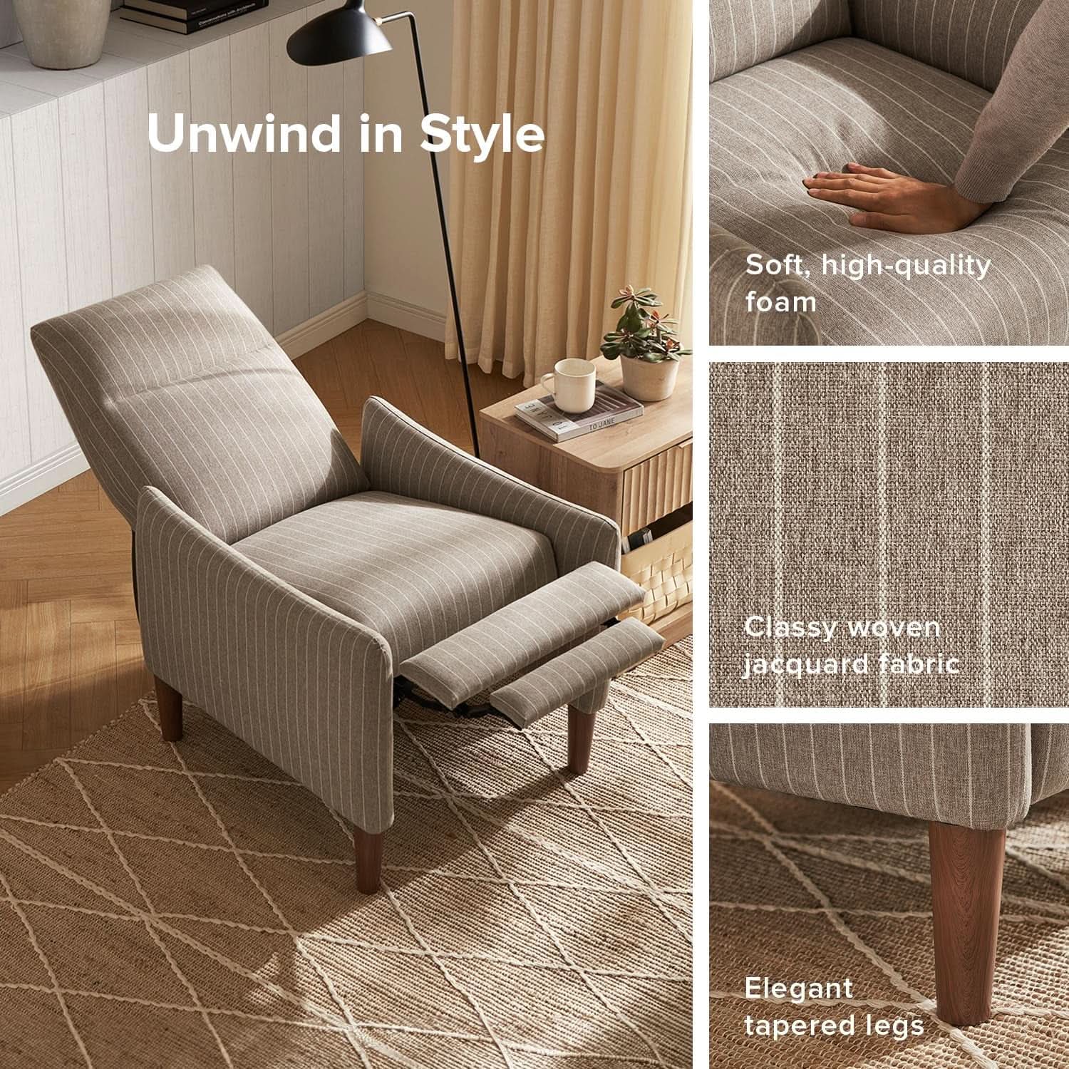 Arthur Mid Century Recliner Chair With 3 Positions Taupe Stripe Jacquard from PriceLows™