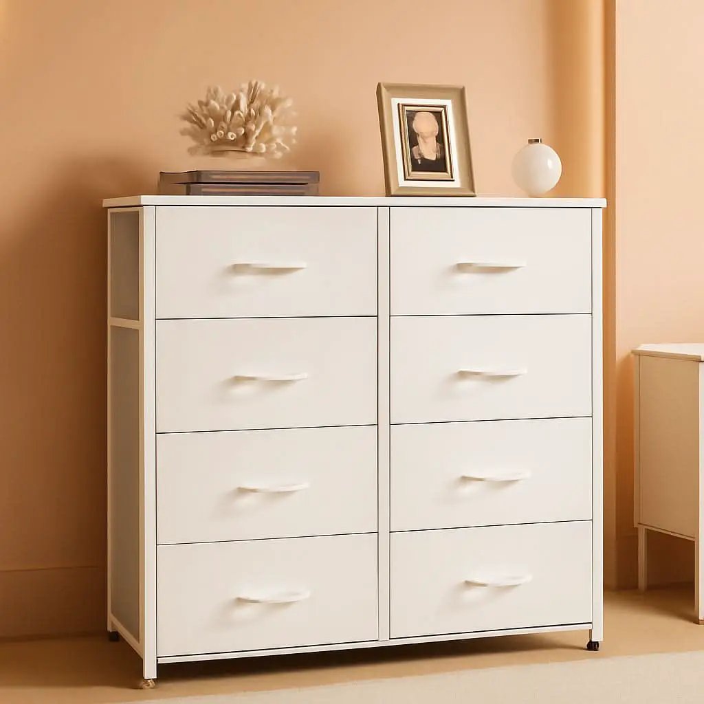 White Fabric Dresser With 6 Drawers And Fabric Bins from PriceLows™