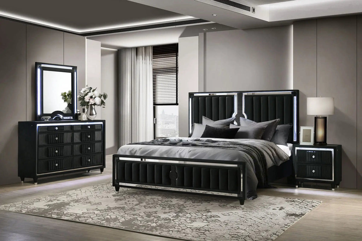 Ravenne 4-piece Velvet Upholstered Queen LED Bedroom Set | 4-Piece Set | Velvet & Polyester | Black