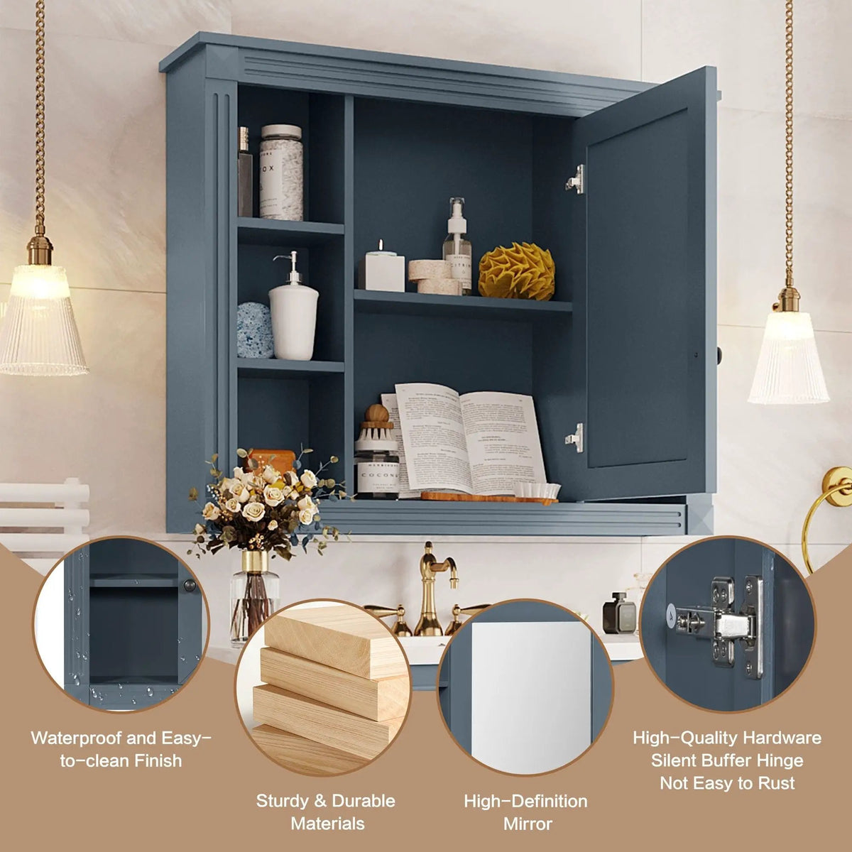 Bathroom Storage Cabinet With Mirror | 6 Open Shelves | Vintage Handle | Adjustable Interior