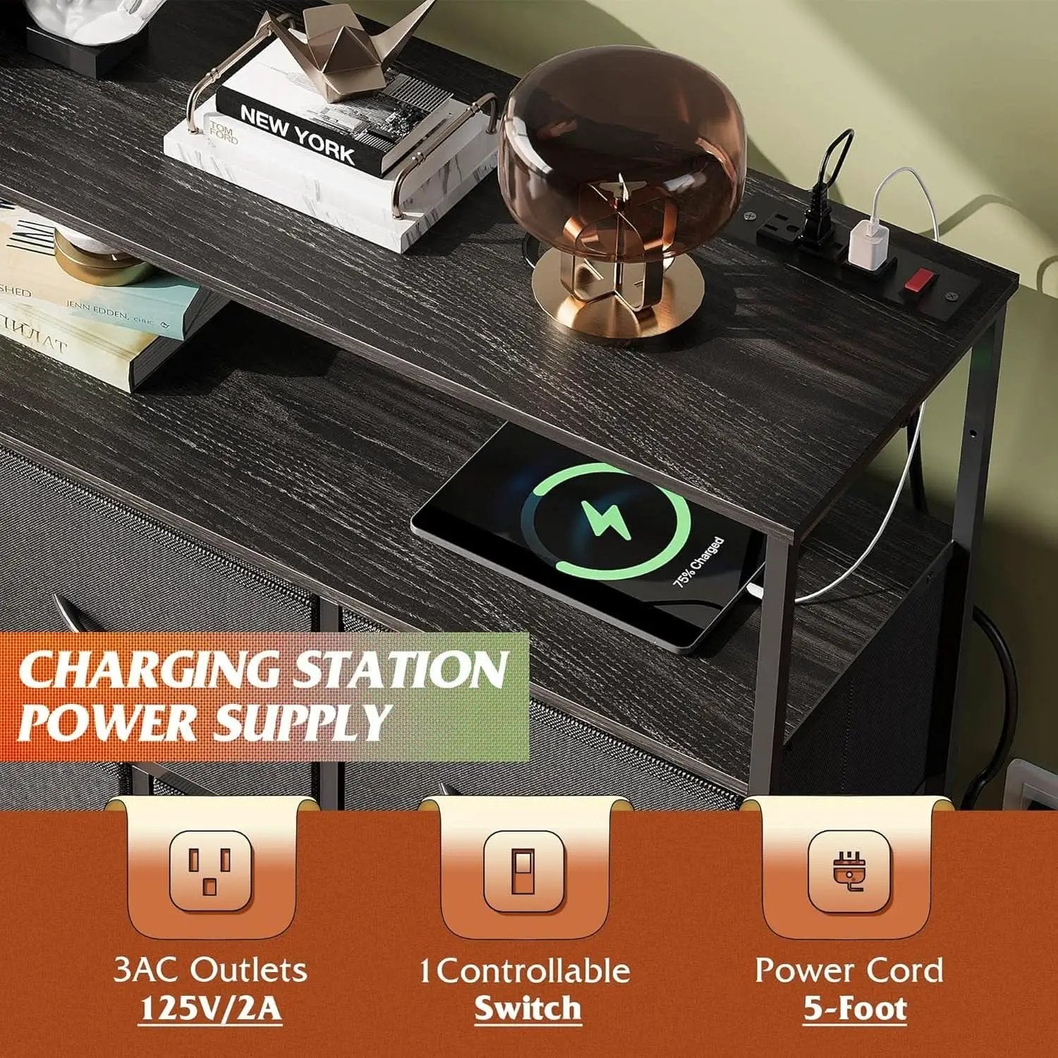 Dresser TV Stand Black With Built In Charging Station from PriceLows™
