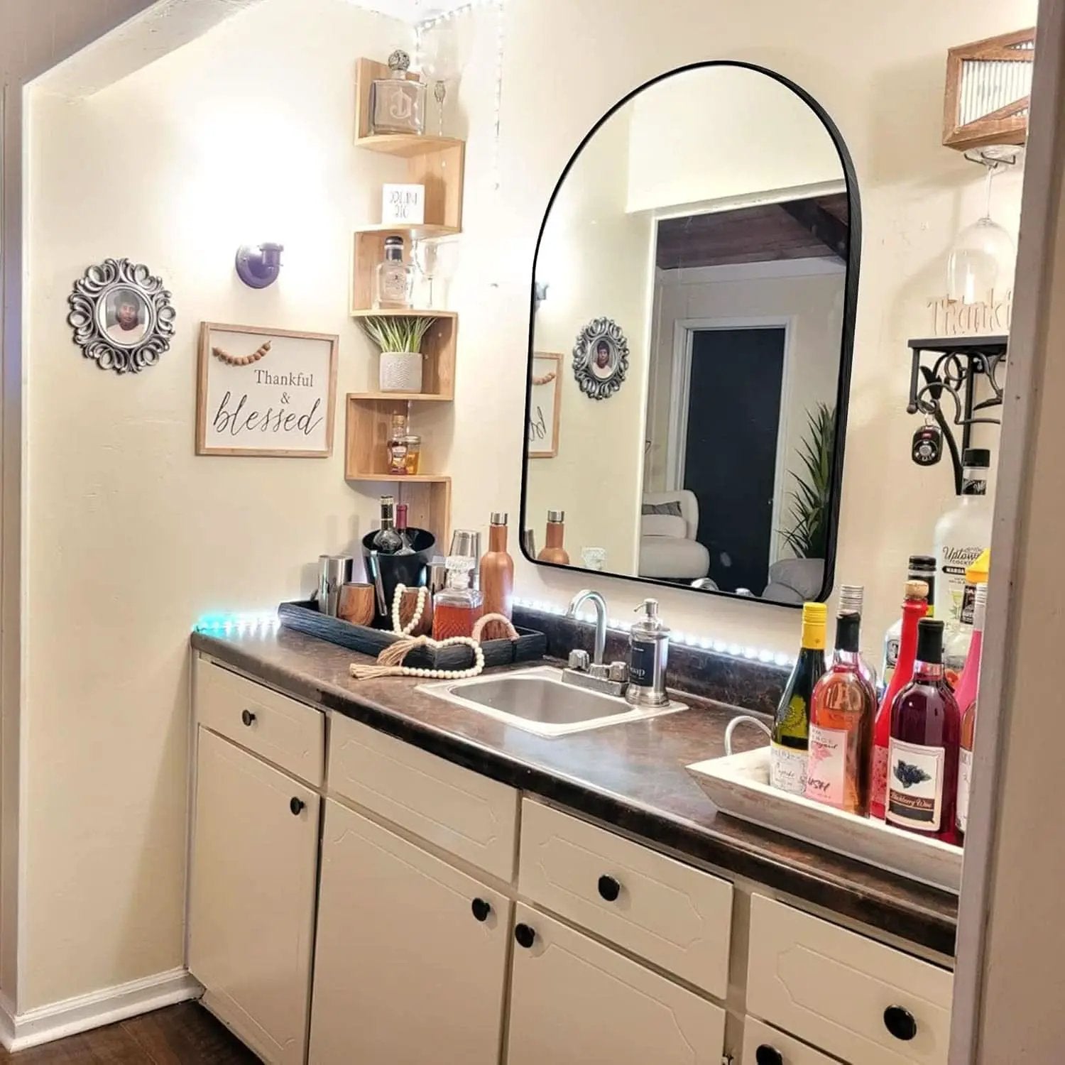 24x36 Inch Black Arched Wall Mounted Mirror With Brushed Metal Frame For Bathroom Vanity from PriceLows™