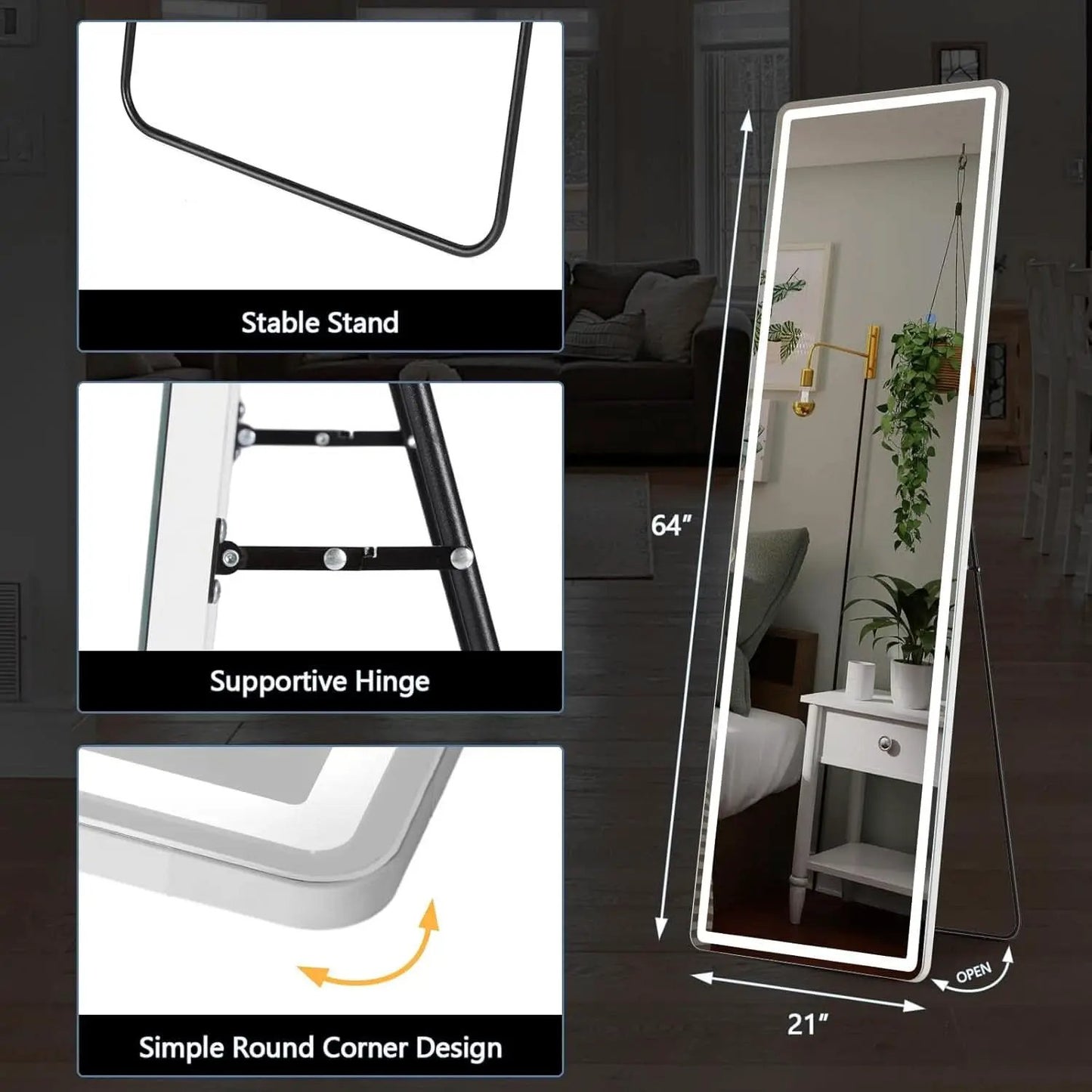 LED 20x63 Full Length Mirror With 3 Color Lights For Bedroom from PriceLows™