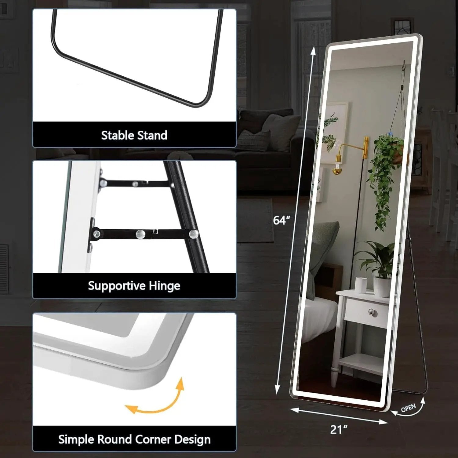 LED 20x63 Full Length Mirror With 3 Color Lights For Bedroom from PriceLows™