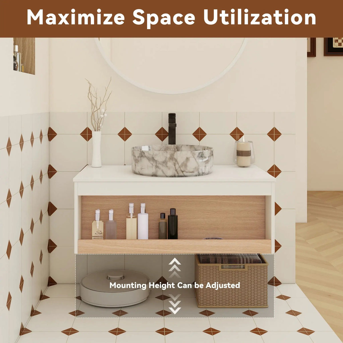 Floating Bathroom Vanity | Wall Mounted | Ceramic Vessel Sink | White