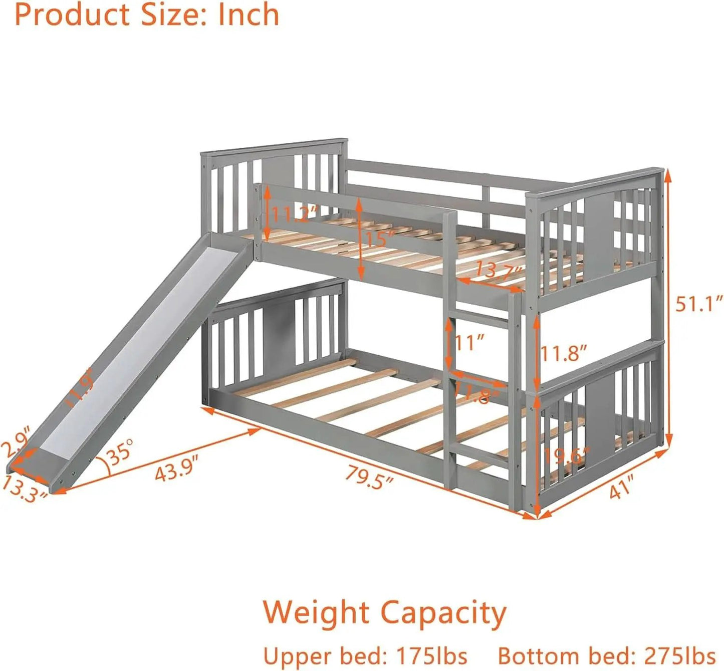 Twin Over Twin Bunk Bed With Slide In Gray For Kids from PriceLows™