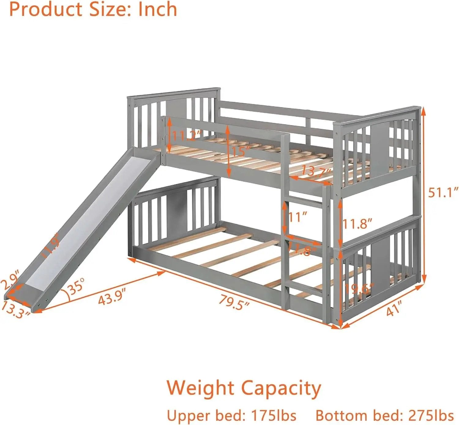 Twin Over Twin Bunk Bed With Slide In Gray For Kids from PriceLows™