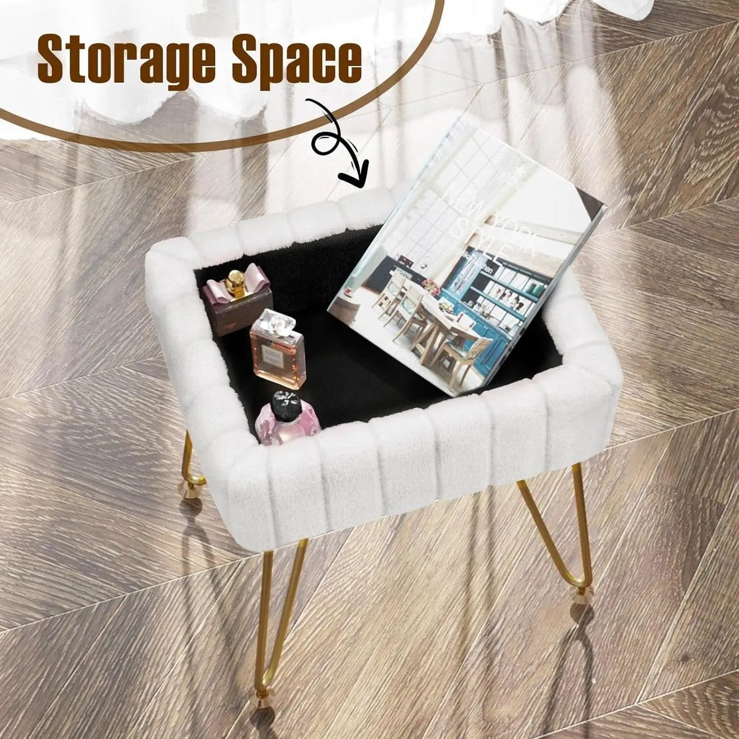 White Faux-Fur Vanity Stool With Premium-Grade Stowable-Storage from PriceLows™