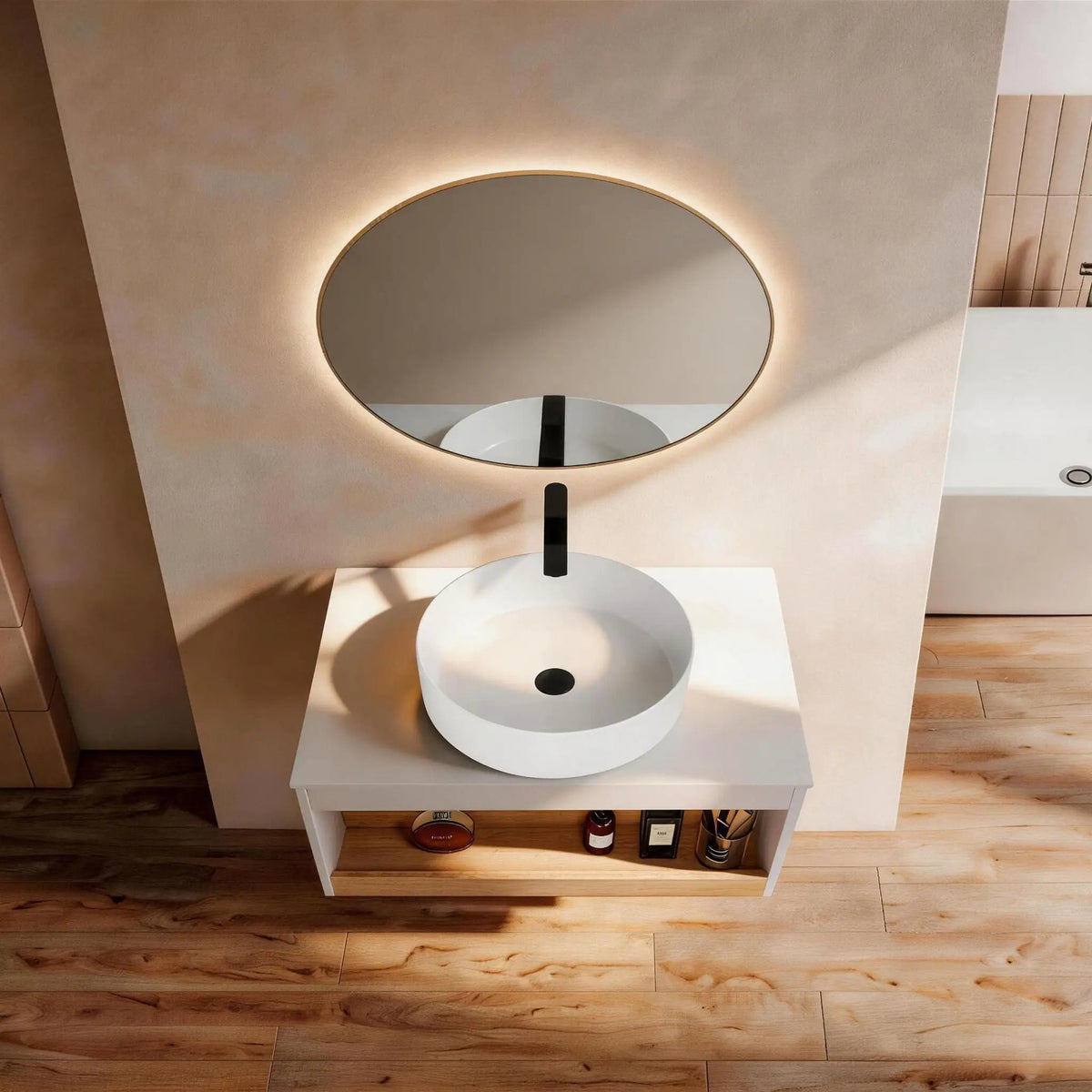 Floating Bathroom Vanity | Round Glossy Sink | Wall Mounted | Compact Design
