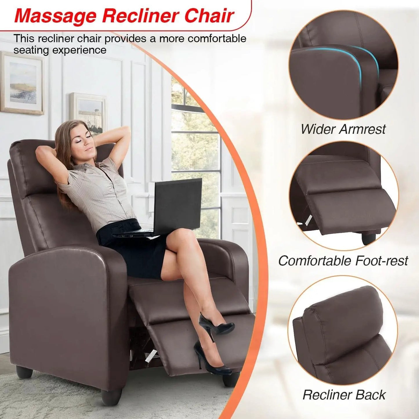Leather Brown Recliner Chair Massage With Lumbar Support from PriceLows™