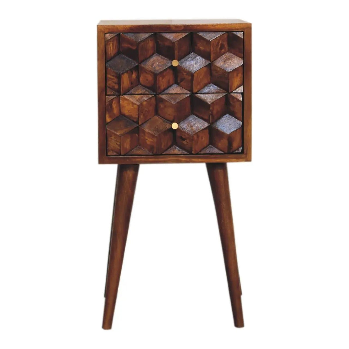 Mini Cube Carved 2 Drawer Nightstand | 12.2 x 11.81 x 24.41 in | Mango Wood & Brass | Bedroom