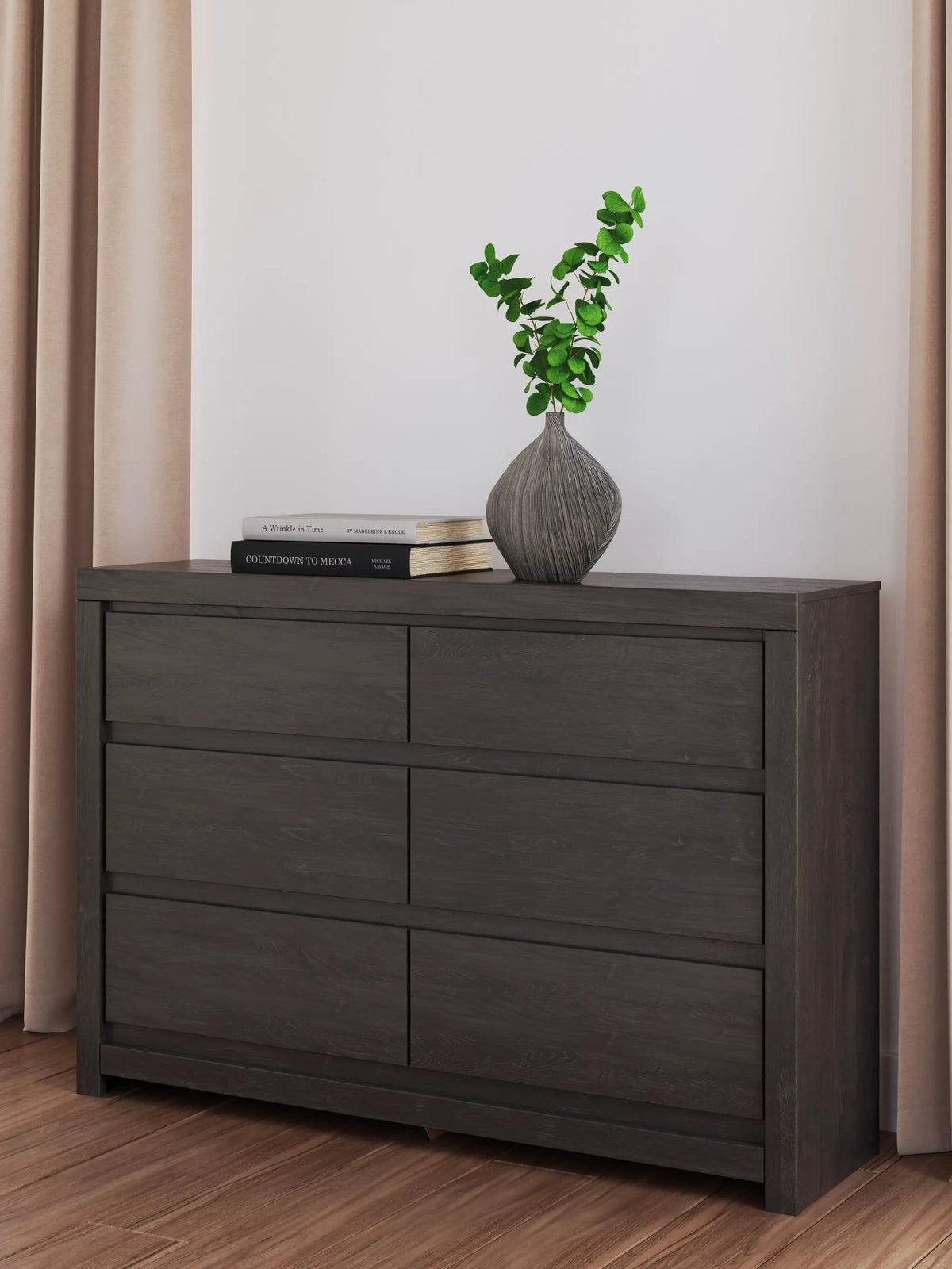 Fraluna Six Drawer Dresser | 58.7 x 15.63 x 40.08 in | Engineered Wood & Linen | Charcoal