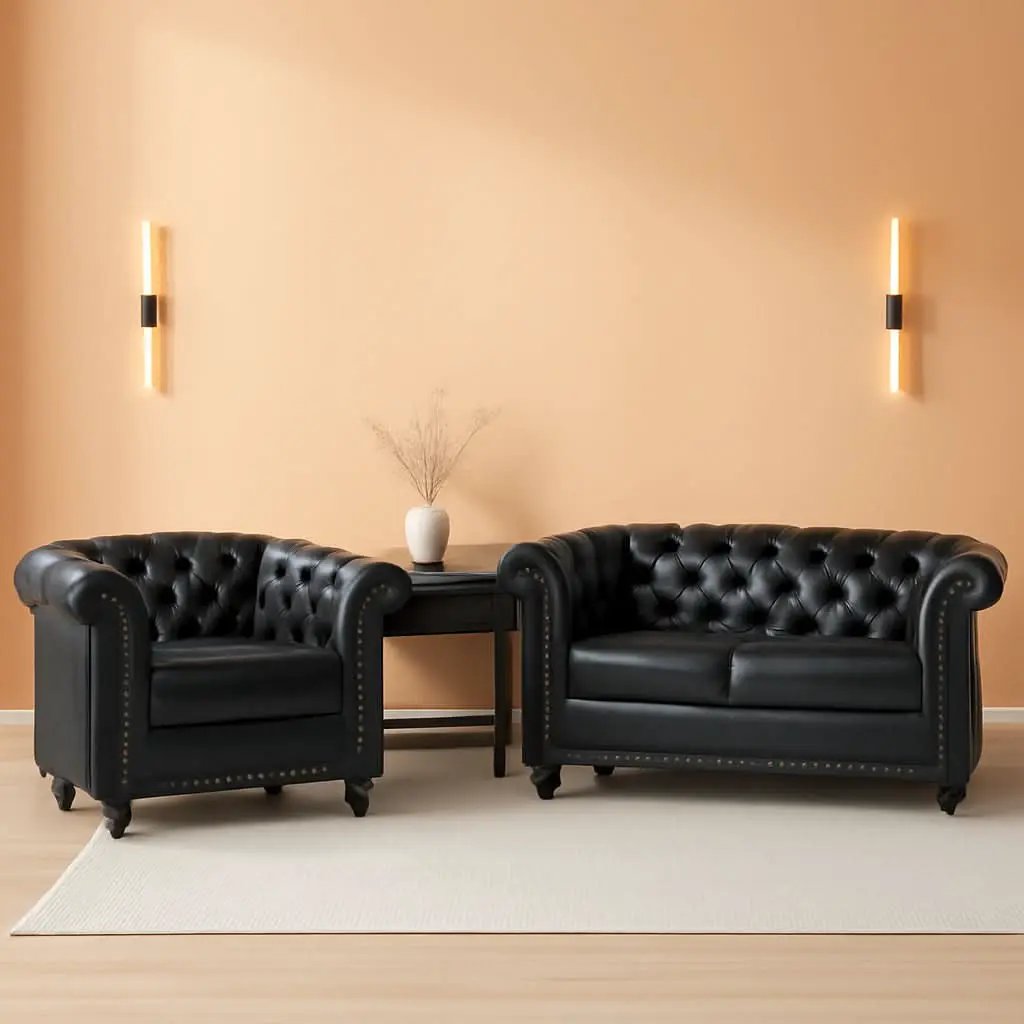 2 Piece Living Room Sofa Set Black Faux Leather Club Chair And Chesterfield Loveseat from PriceLows™