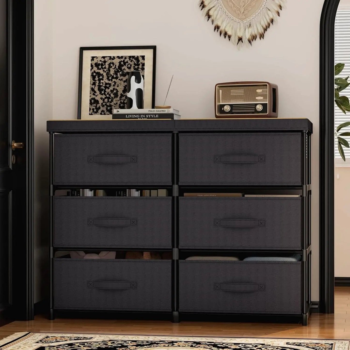 Fabric Dresser With Six Drawers Metal Frame And Wooden Top from PriceLows™