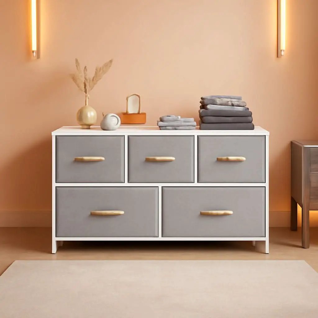Light Gray 5 Drawer Dresser Tower Unit Small Size Modern from PriceLows™