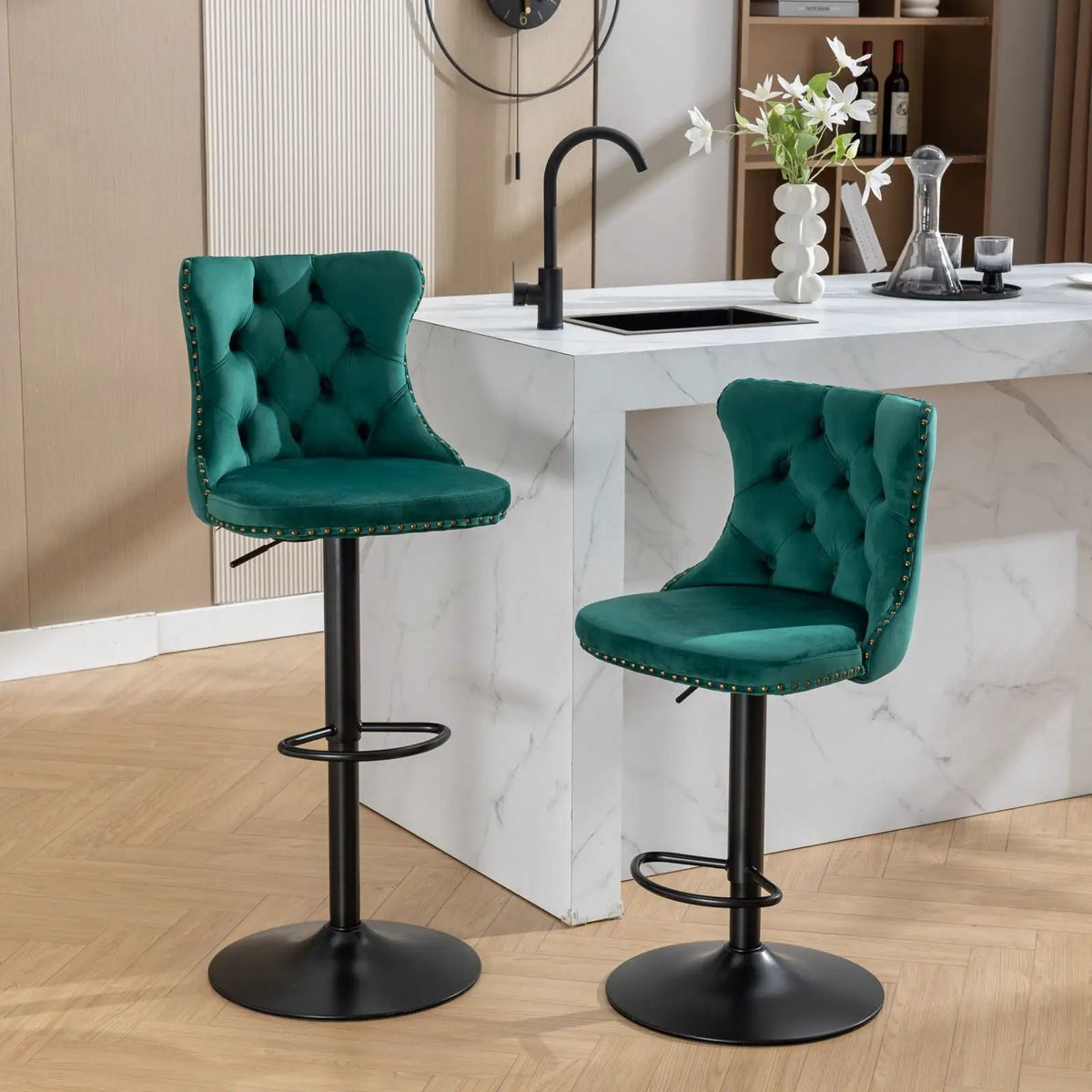 Swivel Barstools | Adjustable Height | Tufted Back With Nailheads | Set of 2