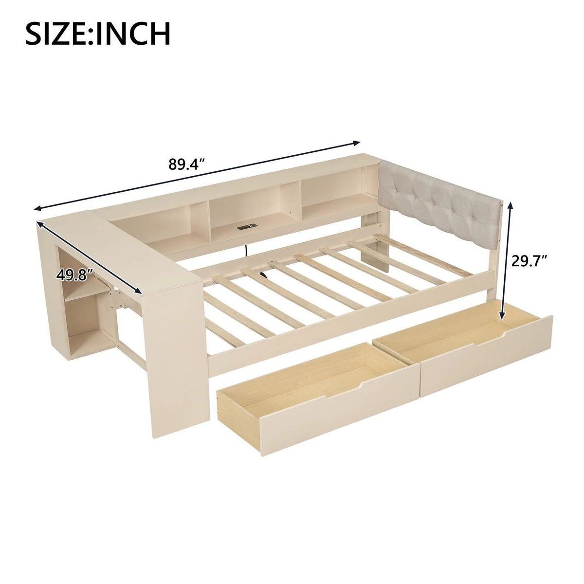 Upholstered Headboard Platform Bed | Storage Shelves | Two Drawers | Charging Station