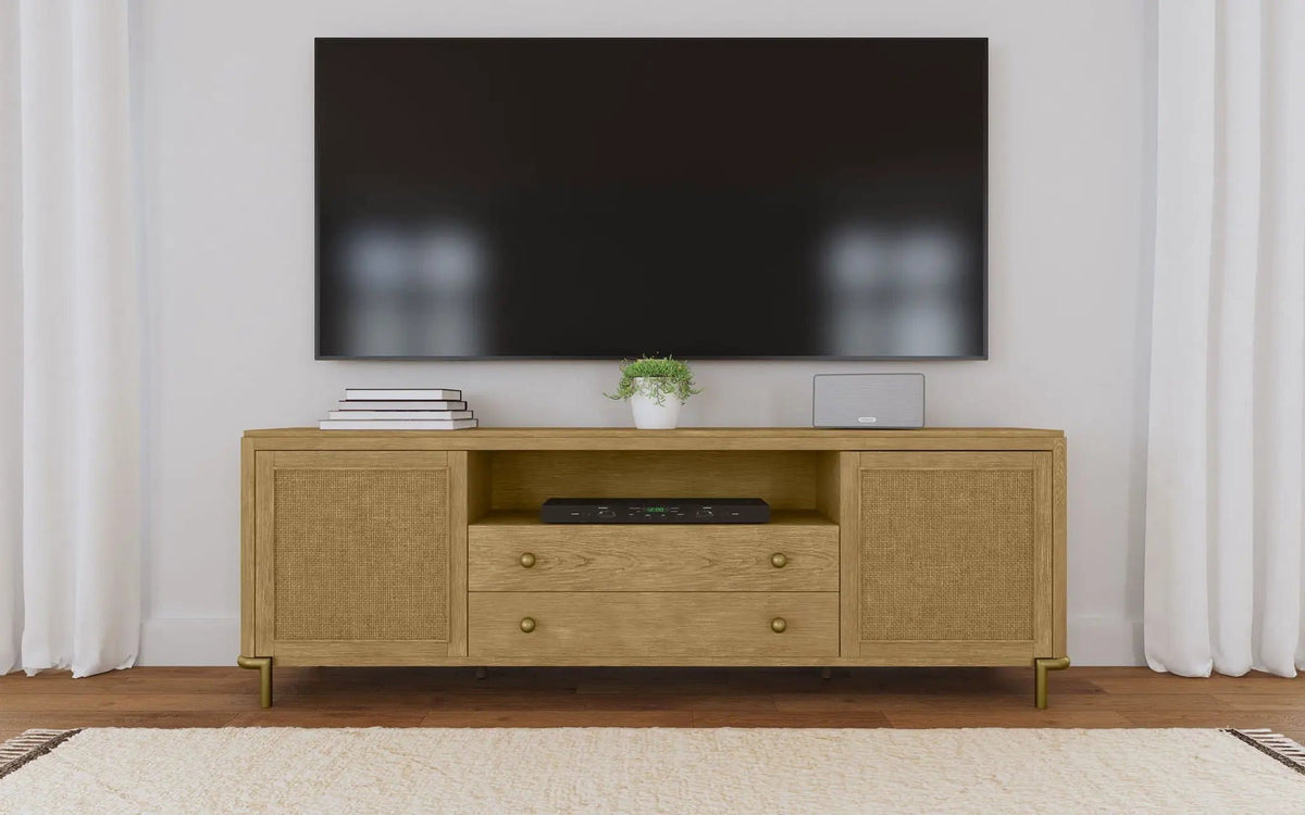 Arini Rattan Cane 2-door TV Stand Media Console Sand Wash | 79.5 x 16 x 26 in | Rattan & Metal | Living Room