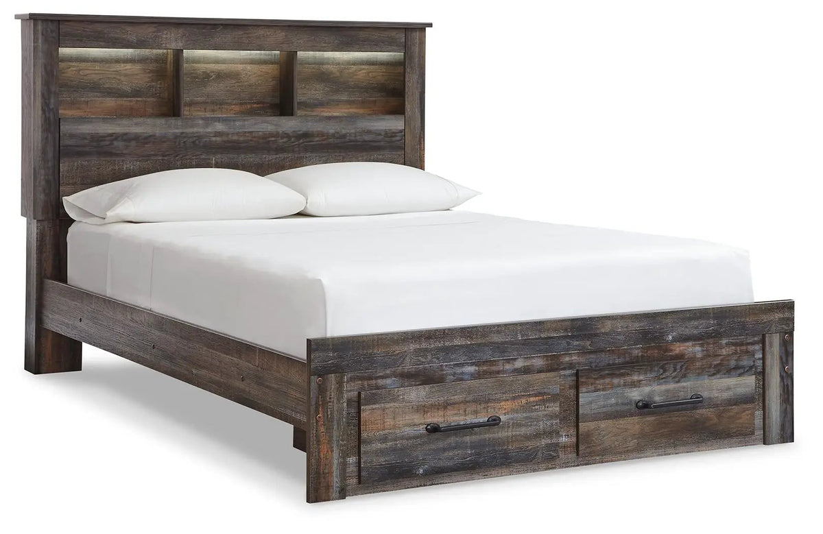 Drystan Panel Bookcase Bed | Storage Headboard | Rustic Industrial Style | 85 Inch Length