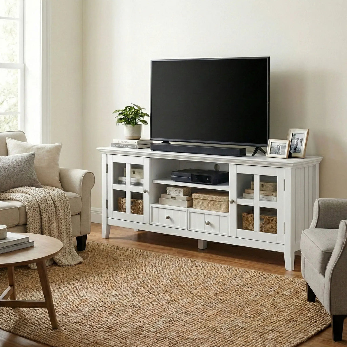 Acadian TV Media Stand | Handcrafted Solid Wood | 2 Bottom Drawers | Tempered Glass Side Cabinets