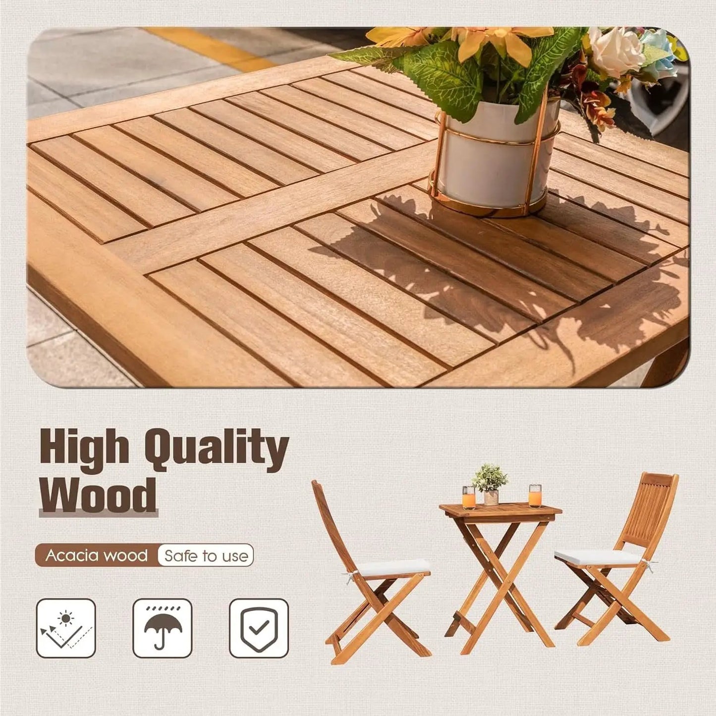 Acacia Wood Outdoor Folding Patio Bistro Set 3 Piece Table And Chairs from PriceLows™