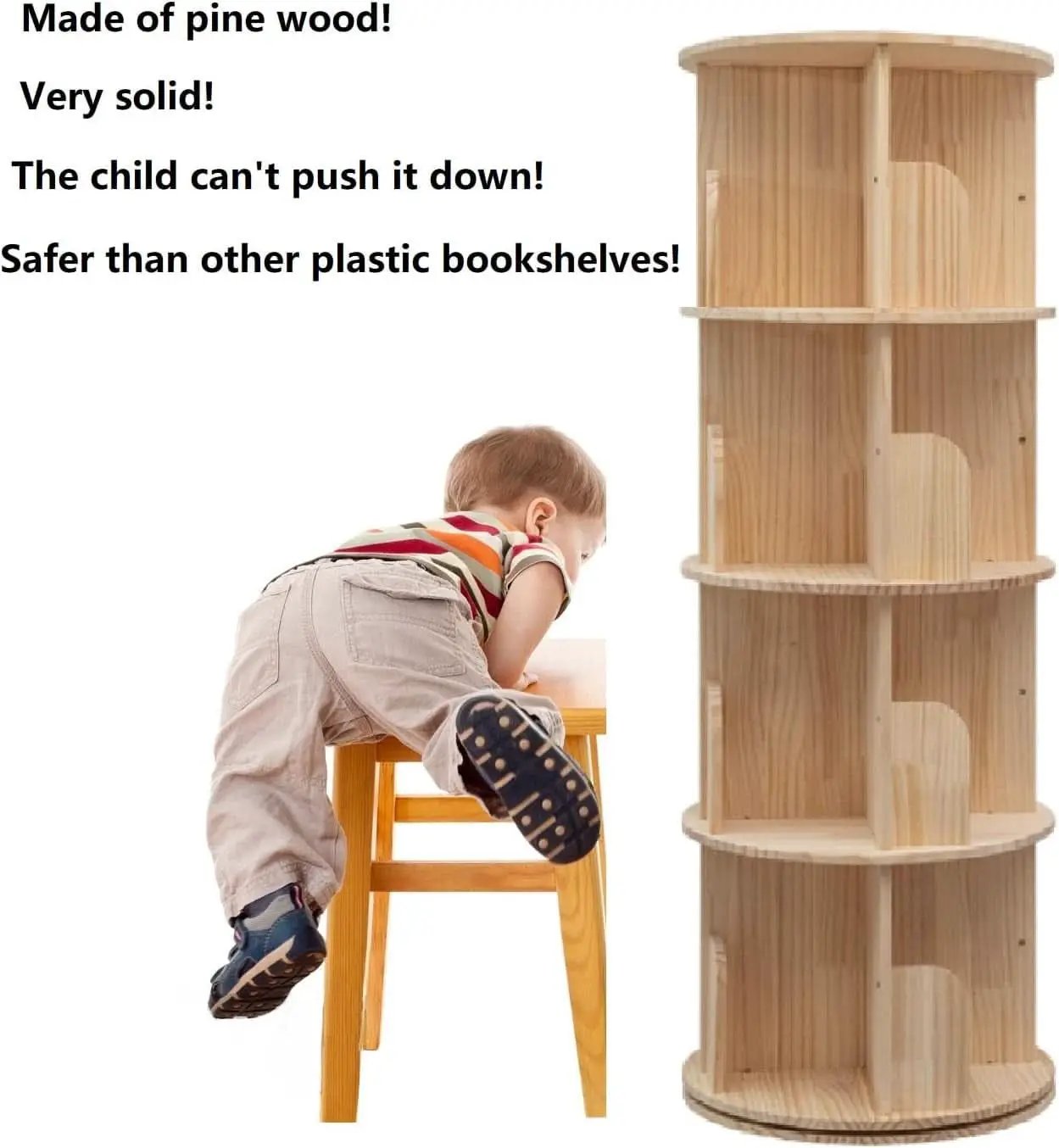 Rotating Bookshelf 360 Display 4 Tier Bookcase Solid Wood from PriceLows™