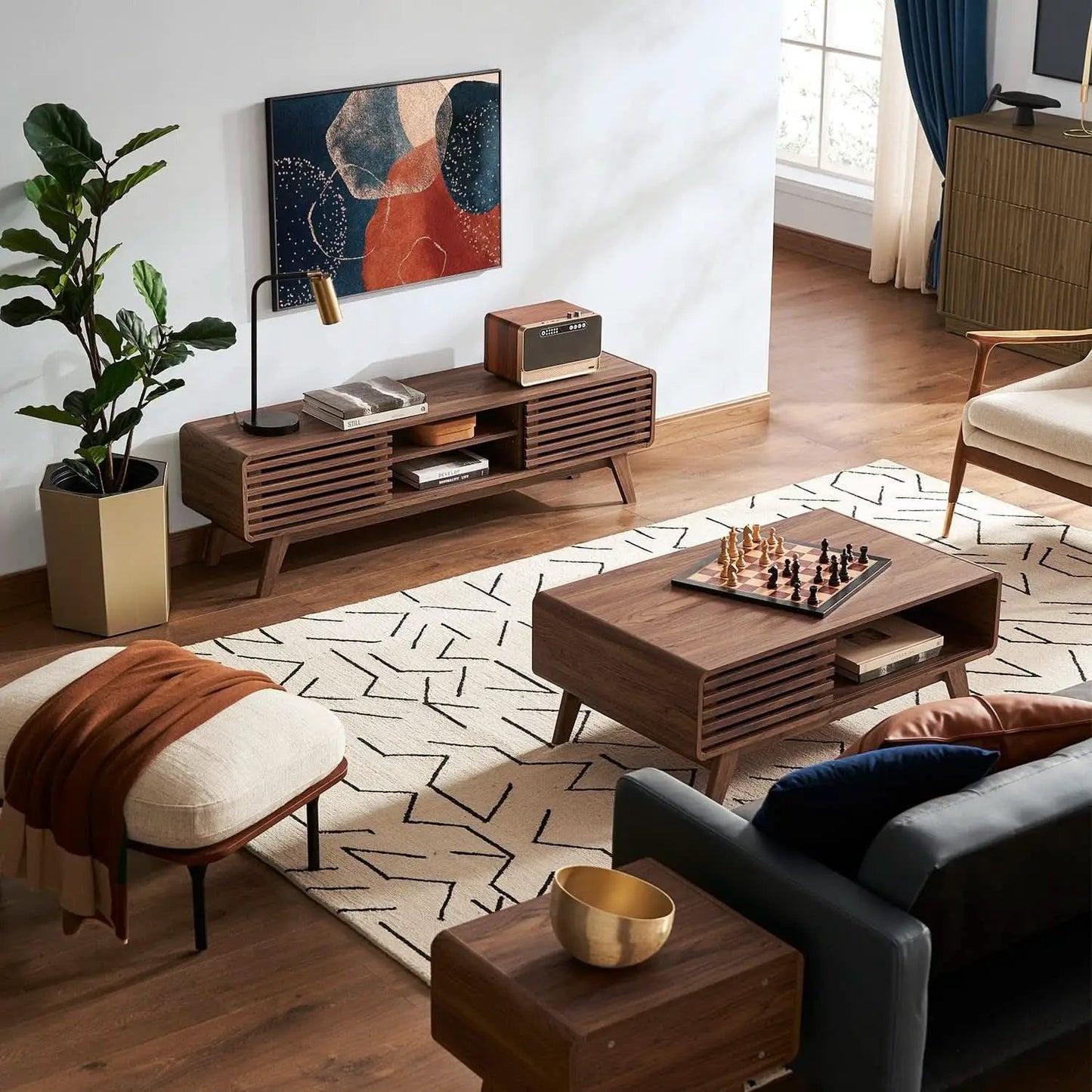 59 Inch Walnut TV Stand Mid Century Modern Console from PriceLows™