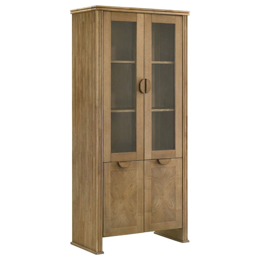 Adina 77-inch Tall Display Cabinet Distressed Light | 35 x 17.75 x 76.5 in | Rubberwood & Engineered Wood | Brown