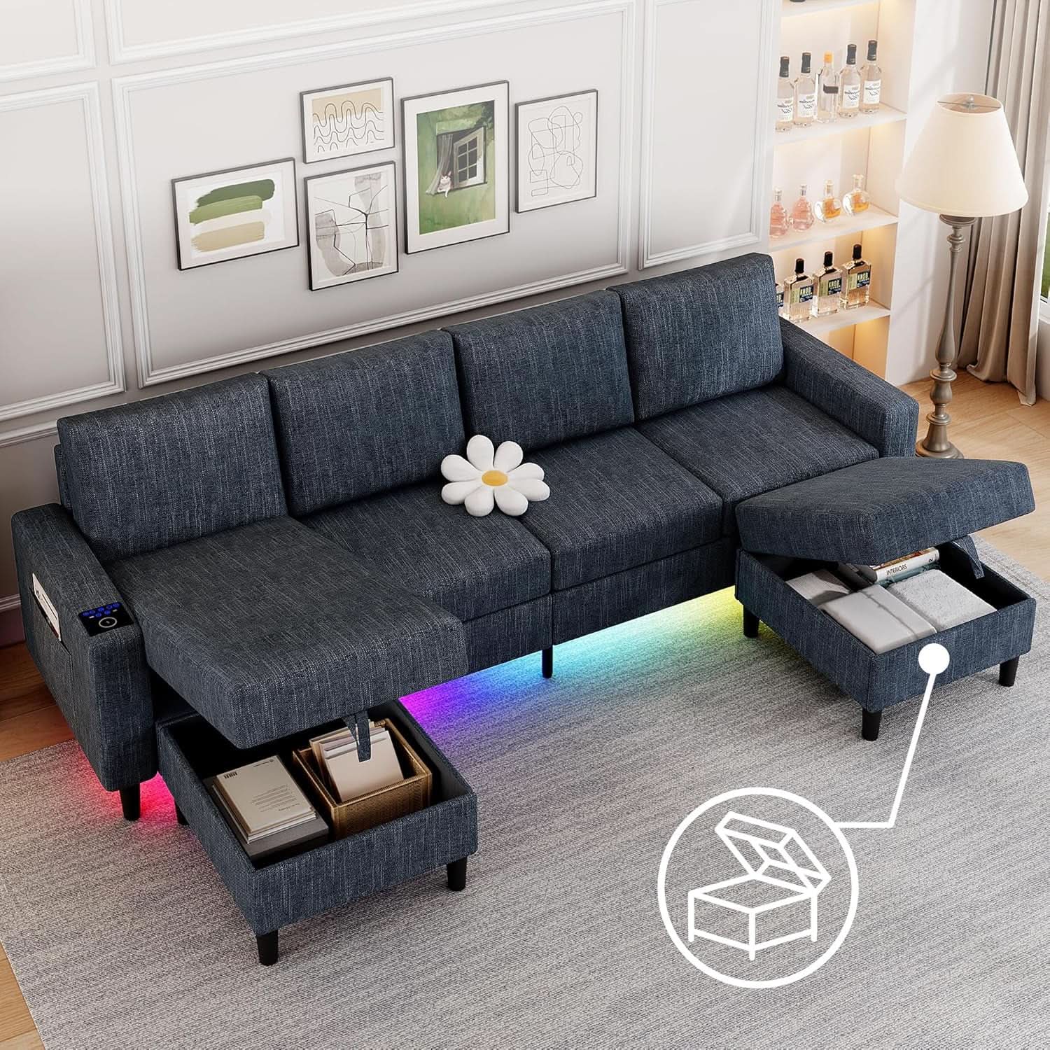 Blue Sectional Sofa With Reversible Chaise And Ottoman from PriceLows™
