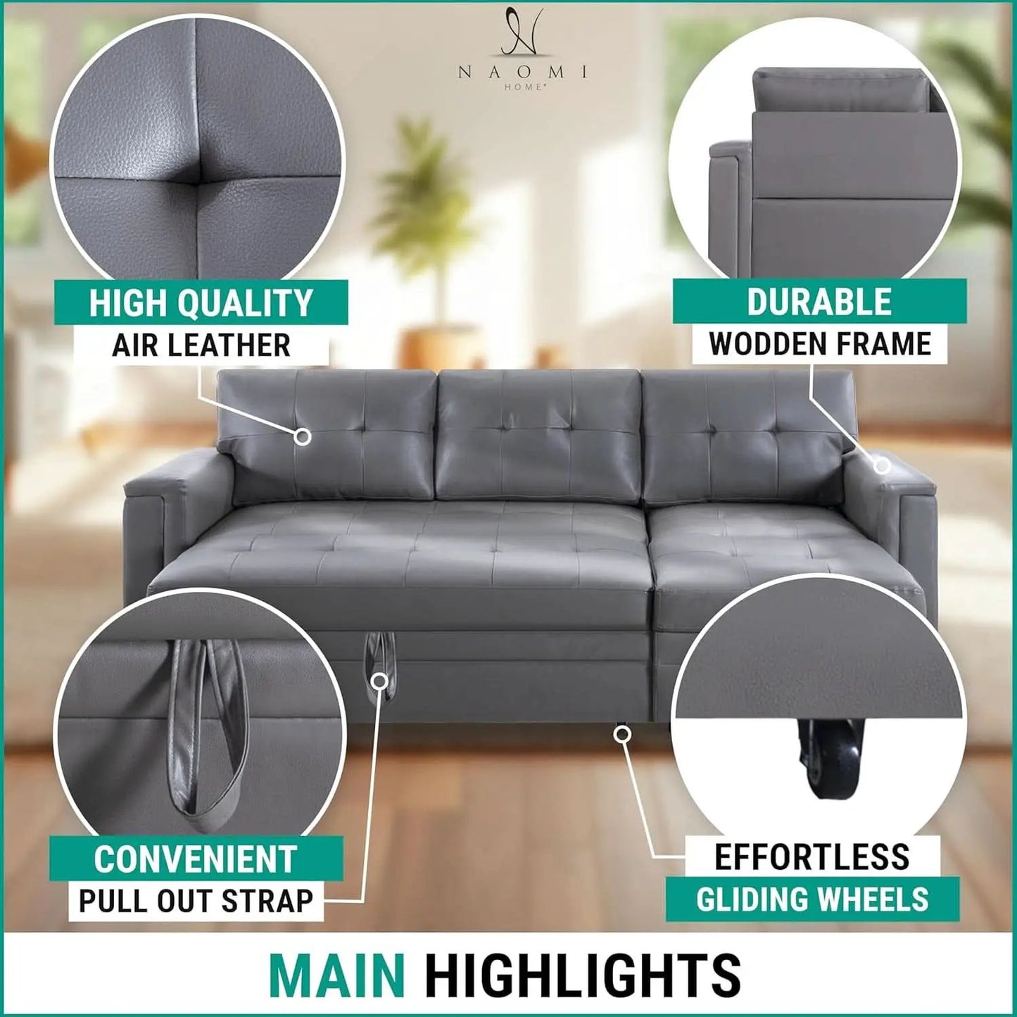 L Shaped Sectional Sleeper Sofa With USB Ports Gray Leather from PriceLows™