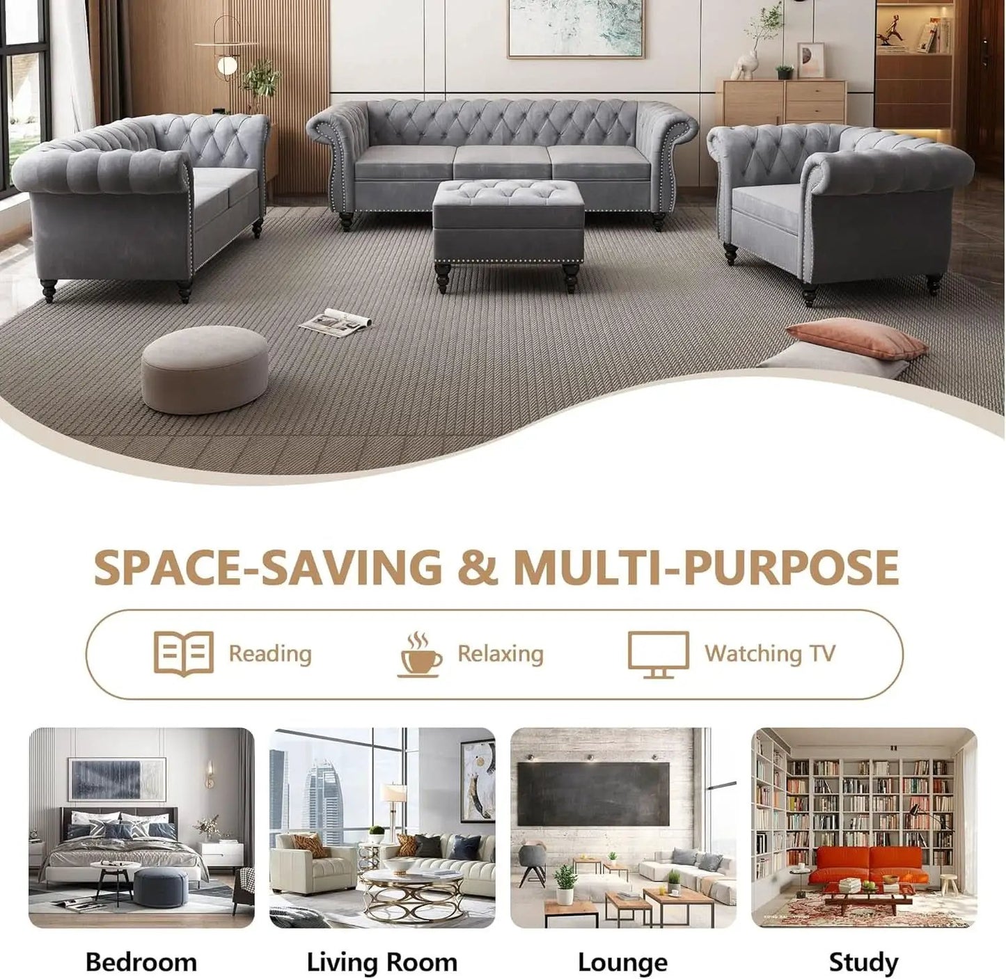3 Piece Velvet Living Room Set Sectional Chesterfield Sofa Upholstered Loveseat And Chair from PriceLows™
