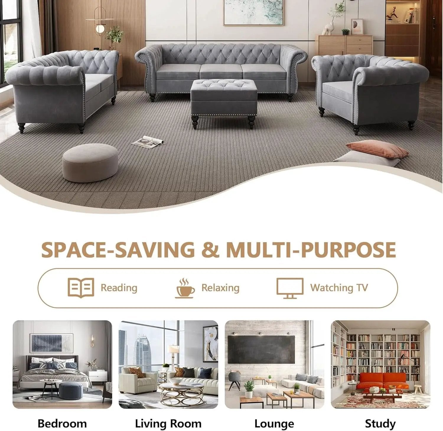 3 Piece Velvet Living Room Set Sectional Chesterfield Sofa Upholstered Loveseat And Chair from PriceLows™