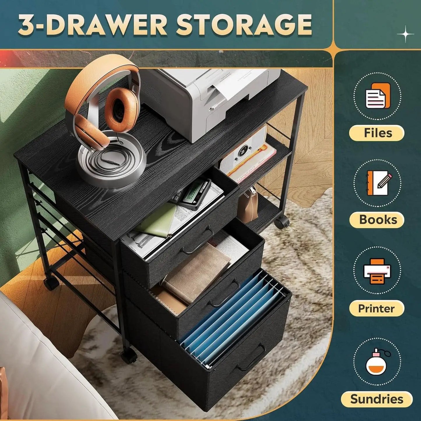 3 Drawer Mobile File Cabinet With Rolling Printer Stand And Open Storage Shelf For A4 Or Letter Size In Black from PriceLows™