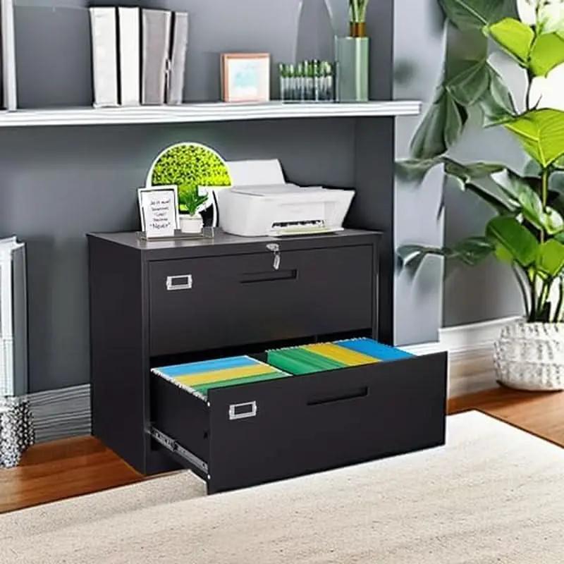 Metal Lateral File Cabinet With Lock 2 Drawer Black Steel from PriceLows™