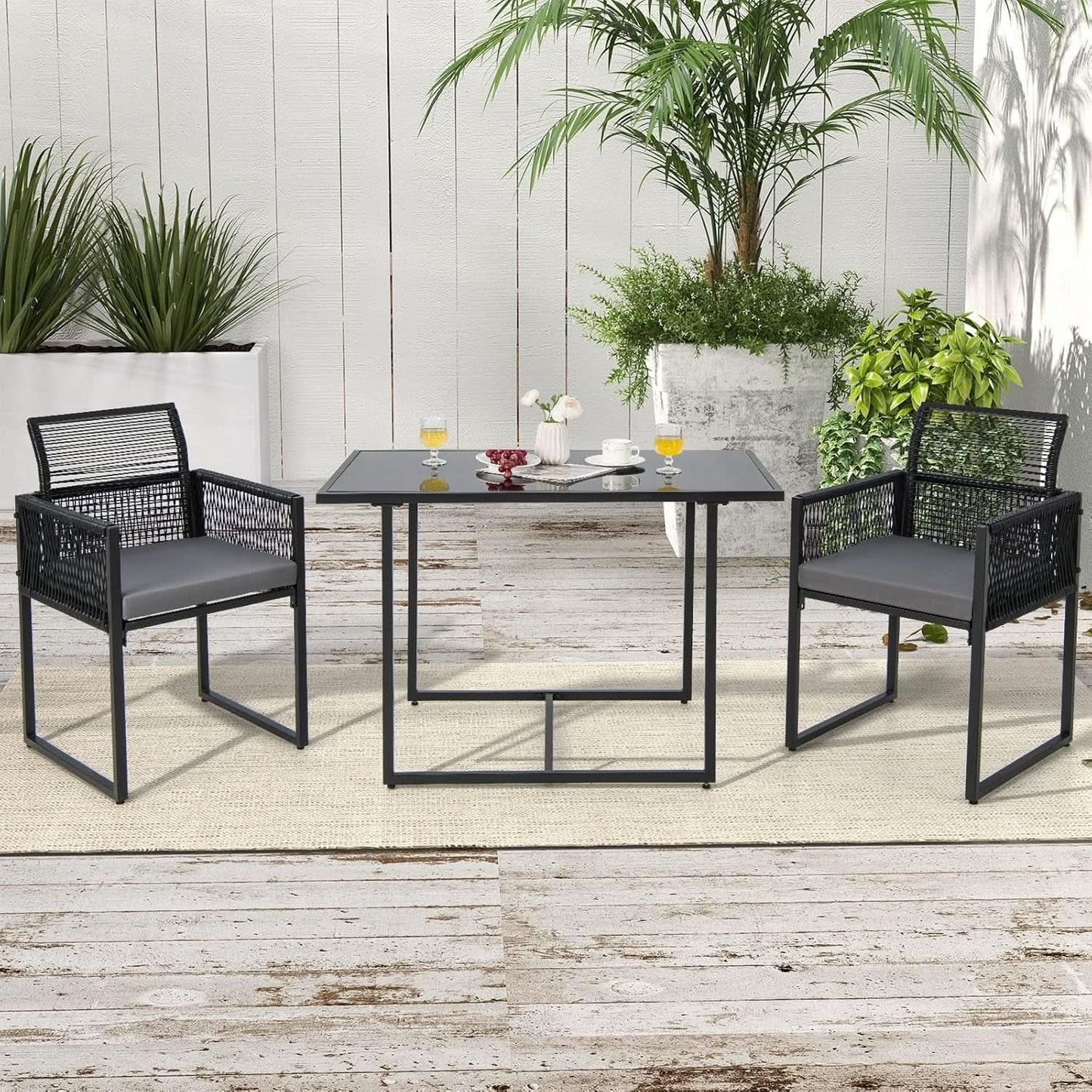 3 Piece Outdoor Dining Set With Folding Backrests And Tempered Glass Tabletop For Patio And Poolside from PriceLows™