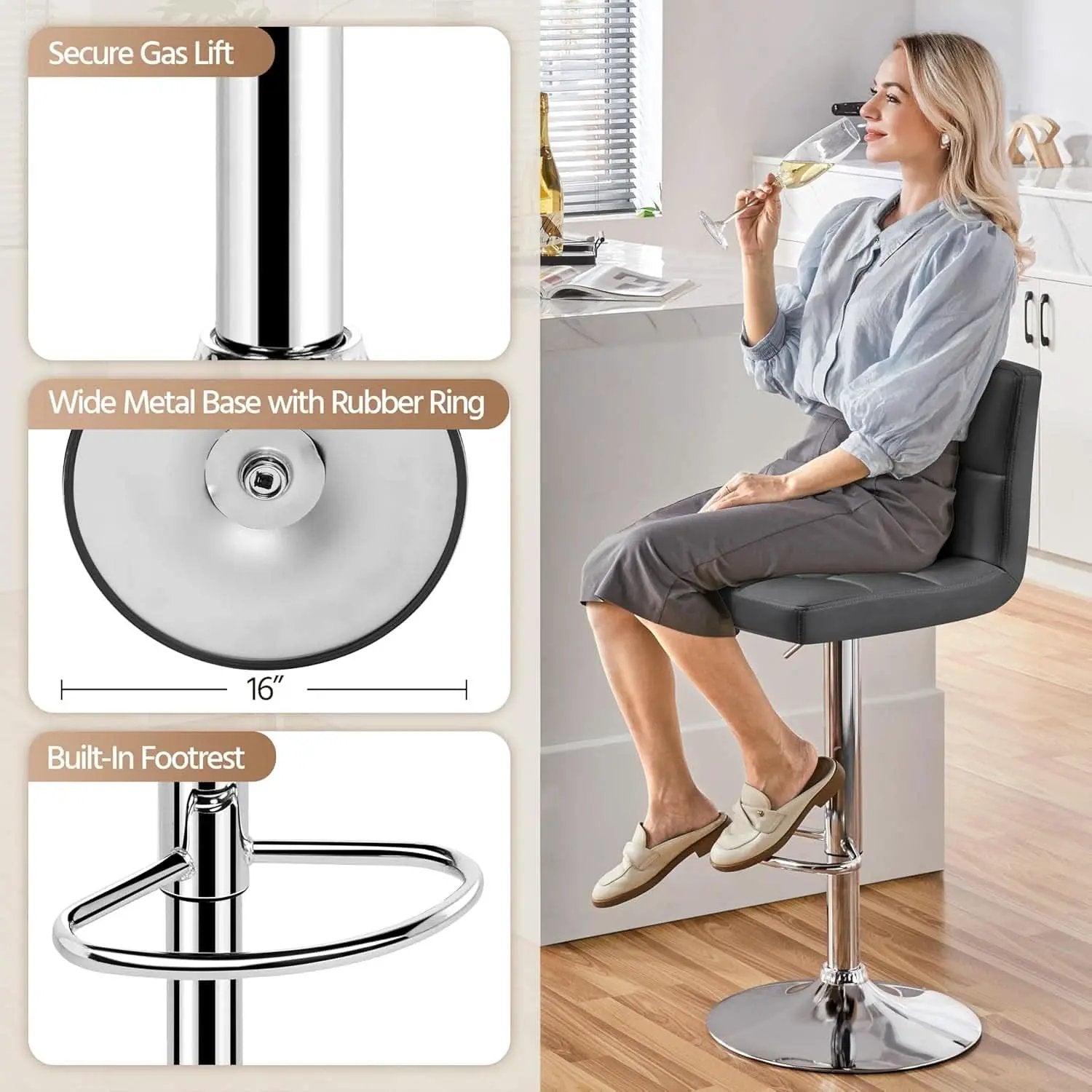 Bar Stools Set of 2, PU Leather Swivel Backrest, Gray from PriceLows™