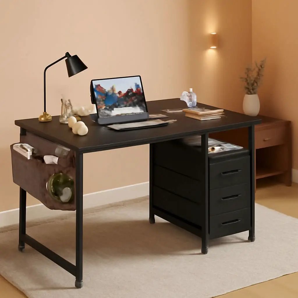 32-Inch Computer Desk With Fabric Drawers And Charging Station Black from PriceLows™