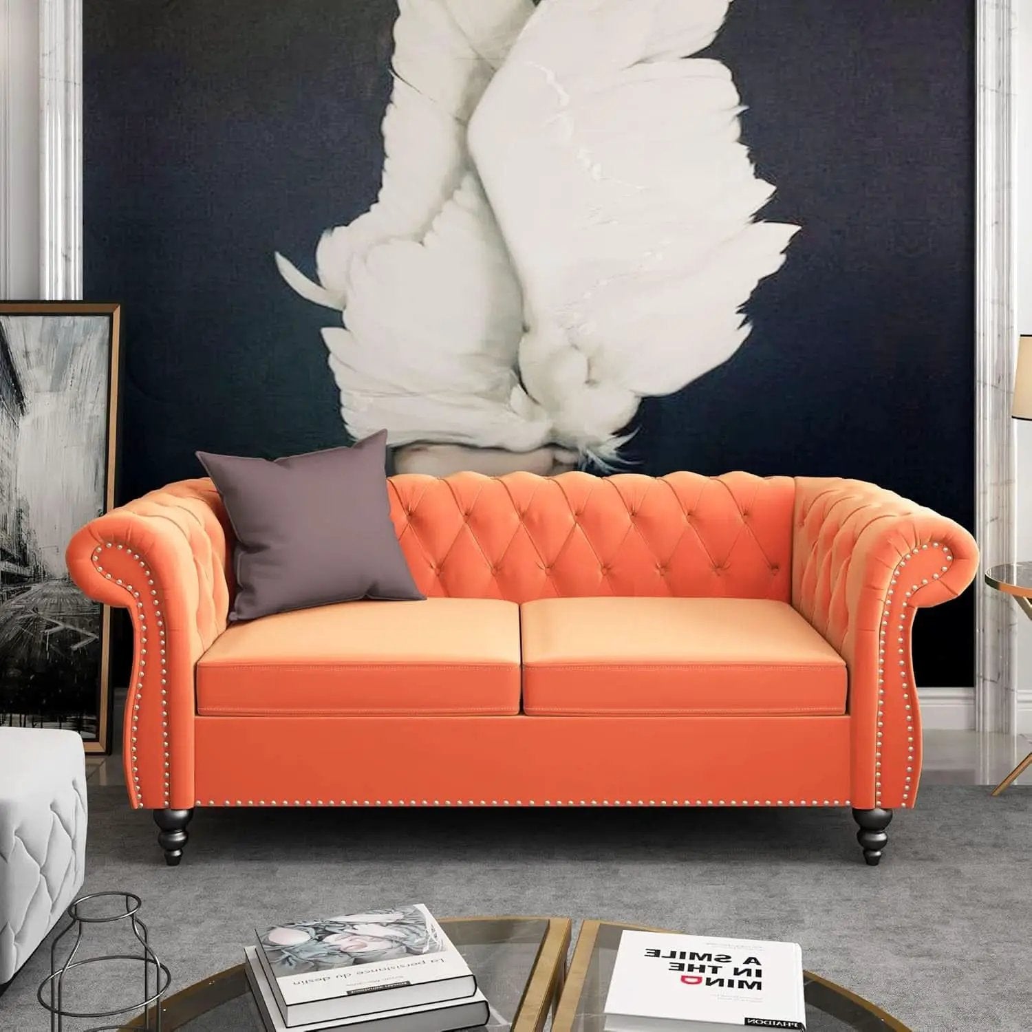 Three Piece Orange Sectional Sofa Set Tufted Living Room from PriceLows™