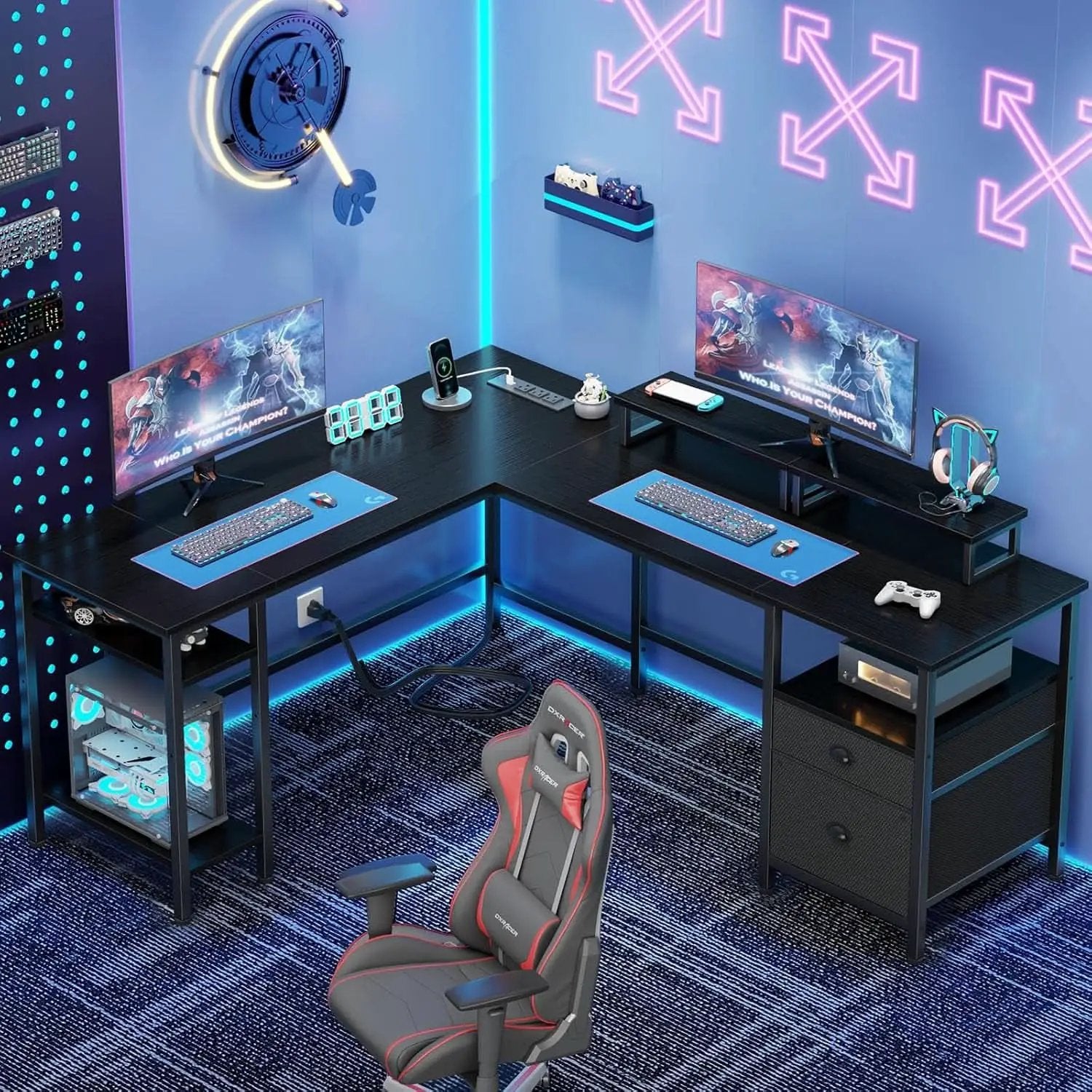 Fifty Nine Inch L Shaped Desk With Black Storage Drawers Unit from PriceLows™