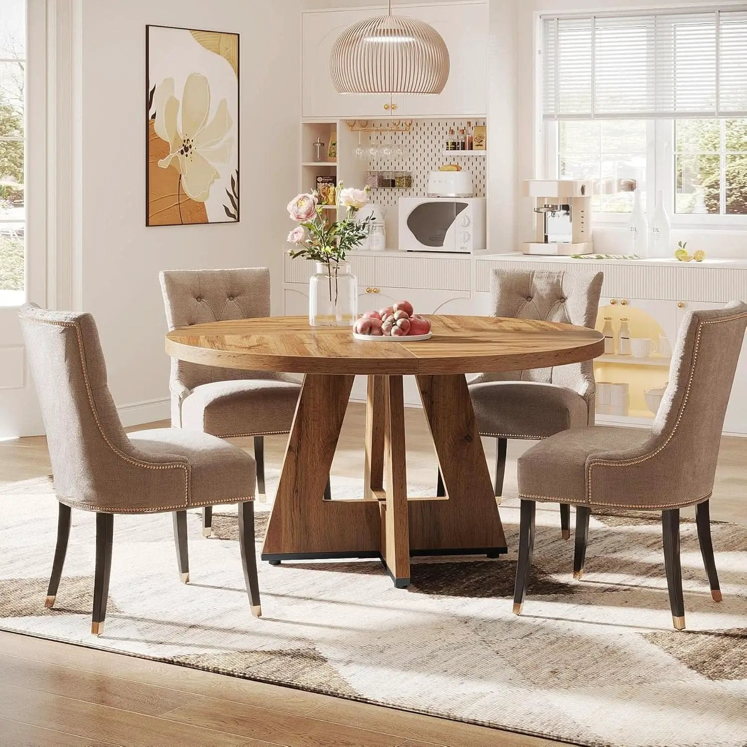 Round Dining Table Wood 47 Inch Burlywood Finish Farmhouse from PriceLows™