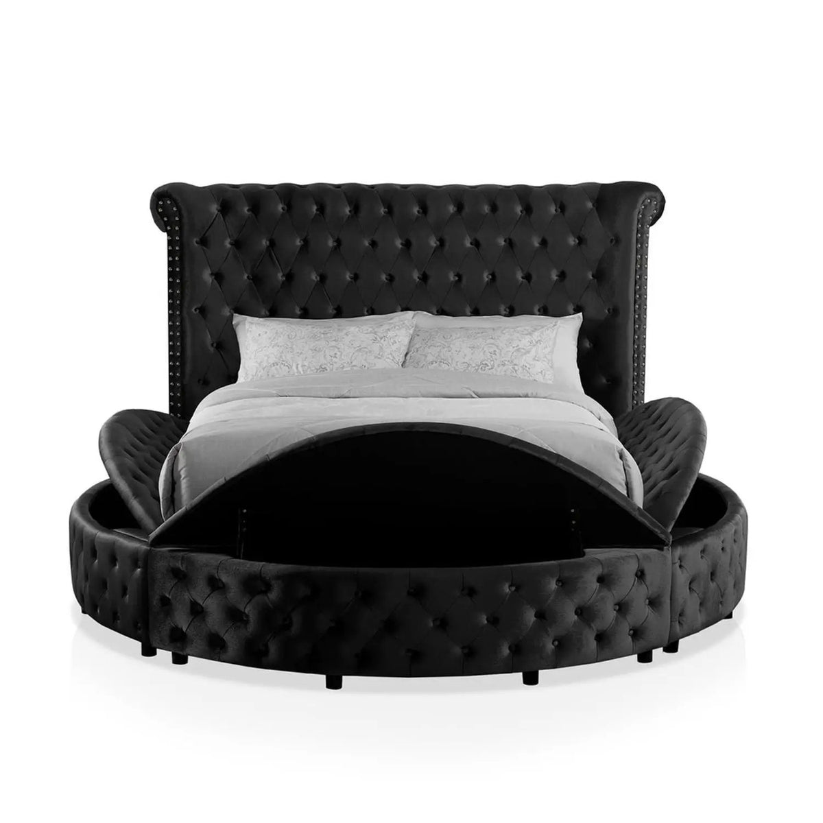 Glam Round Bed | Button Tufted Wingback Headboard | Storage | USB Ports