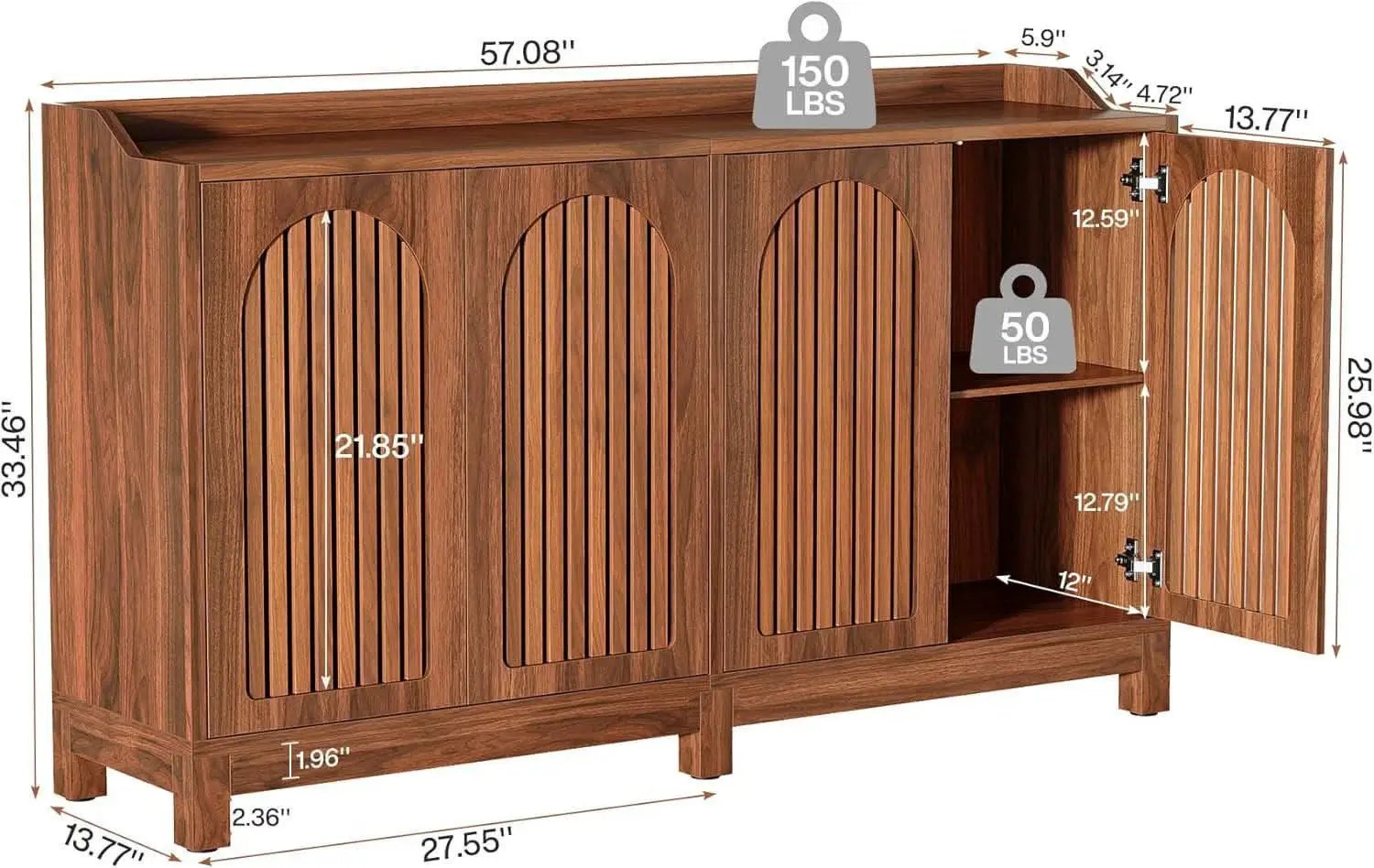 57 Inch Farmhouse Sideboard Cabinet With Adjustable Shelves from PriceLows™