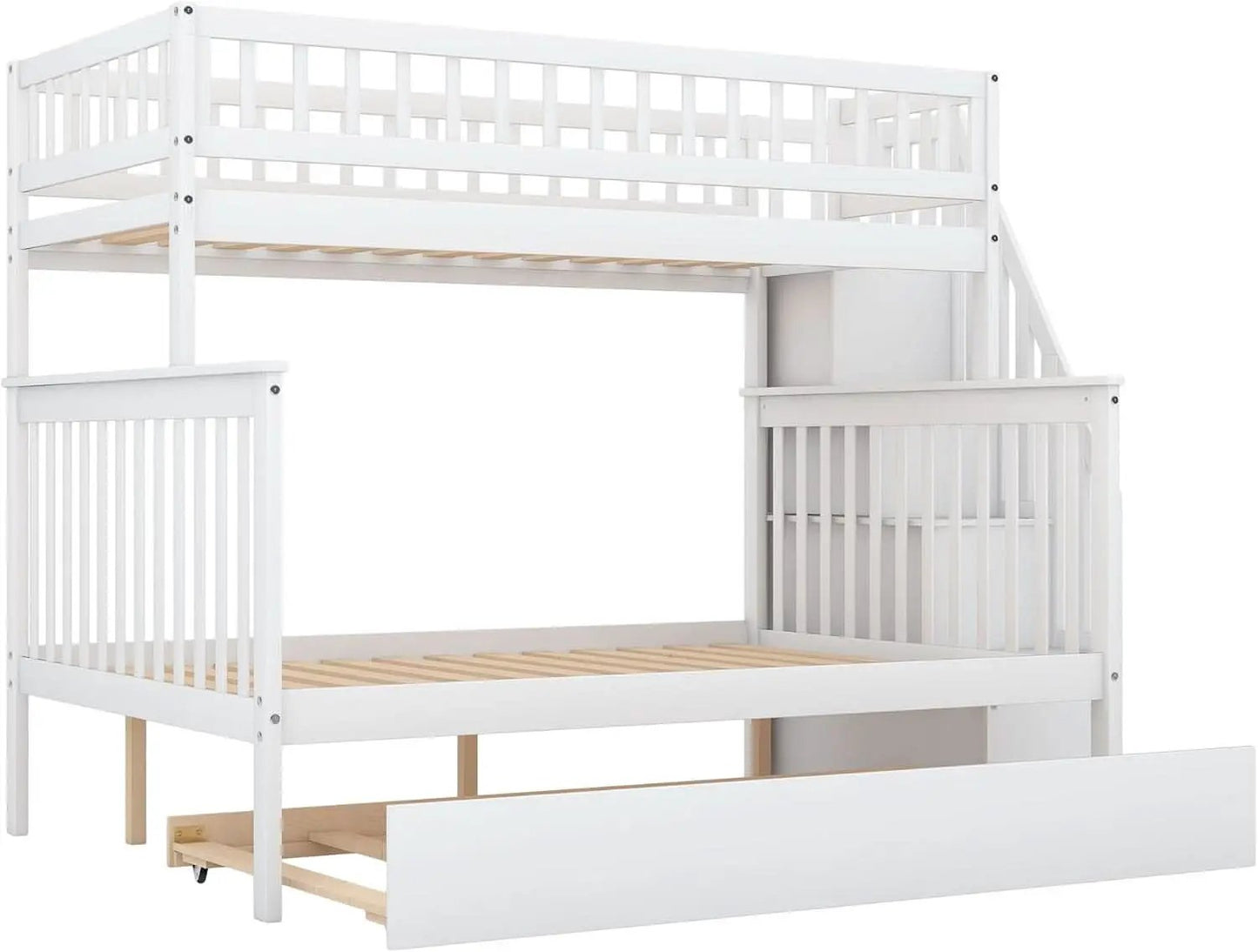 Twin Over Full Bunk Bed With Stairs And Trundle White Wood from PriceLows™